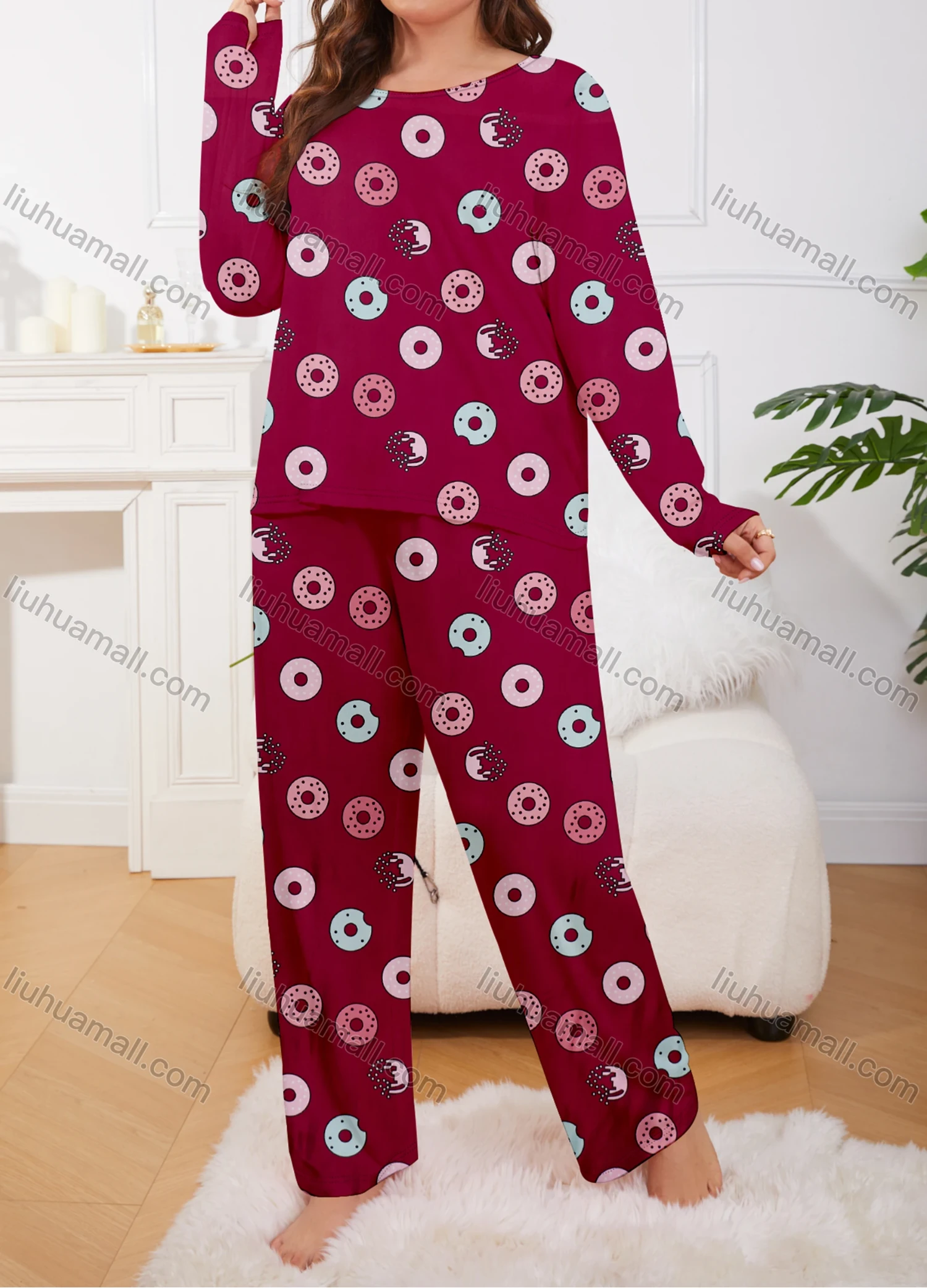 Wholesale Women's Lounge Milk Silk Allover Print Long Sleeve Crew Neck T-shirt & Pant Soft Pajamas Sets DM02401-02# - Liuhuamall