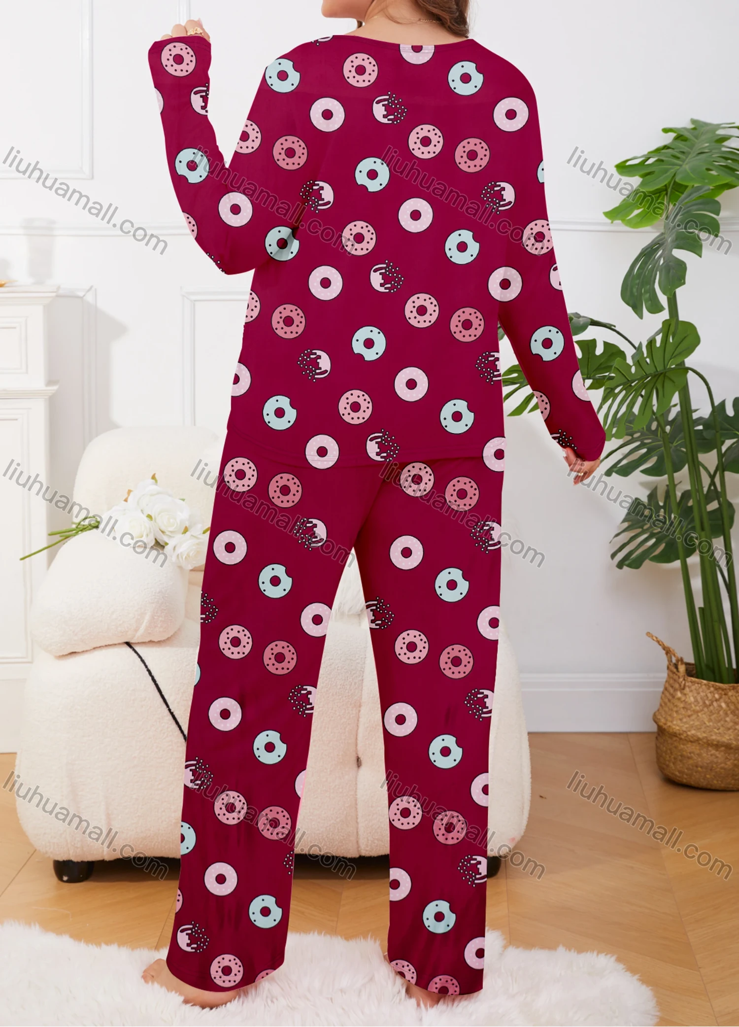 Wholesale Women's Lounge Milk Silk Allover Print Long Sleeve Crew Neck T-shirt & Pant Soft Pajamas Sets DM02401-02# - Liuhuamall