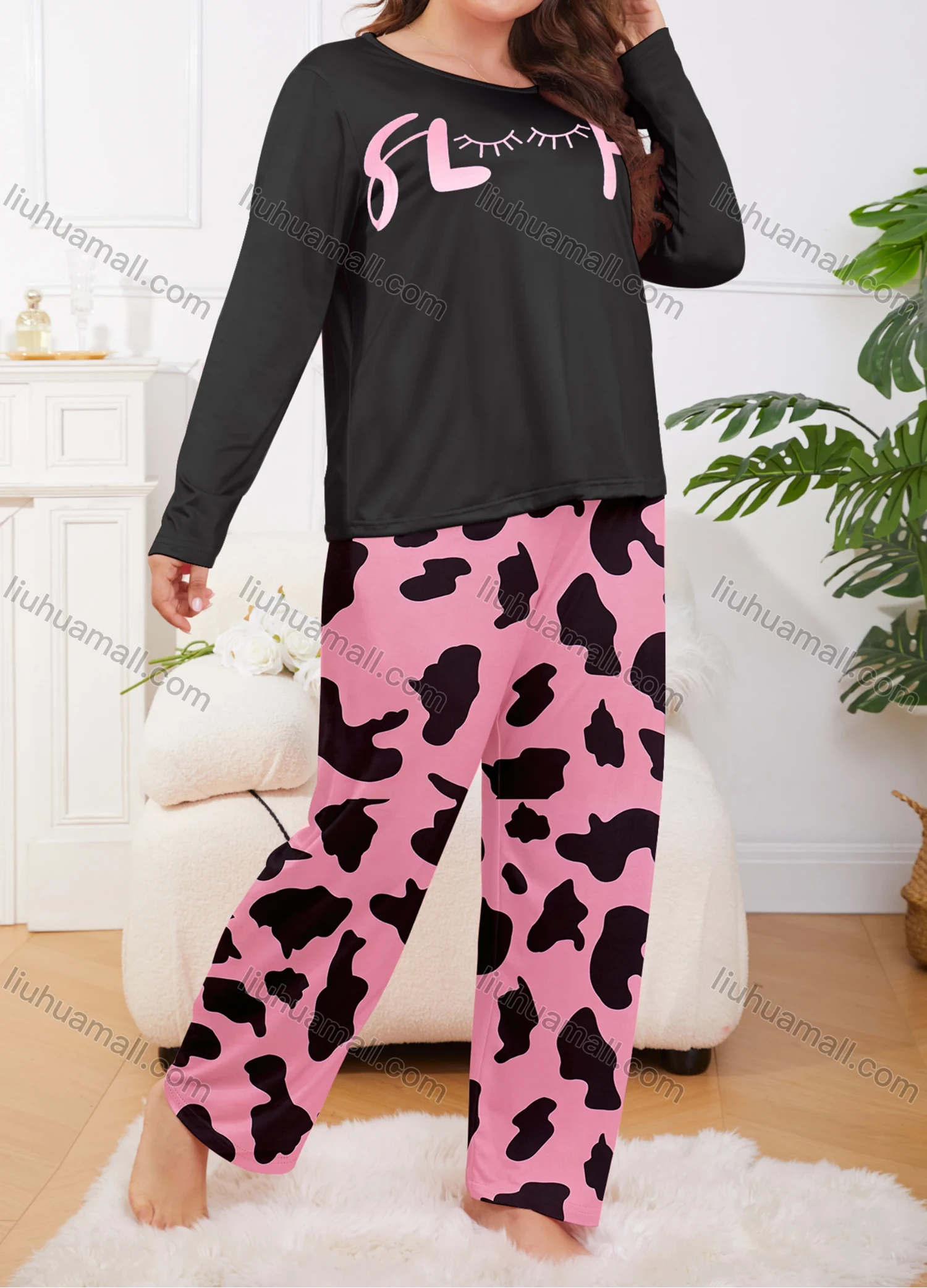 Wholesale Women's Lounge Milk Silk Letter Print Long Sleeve Crew Neck T-shirt & Cow Print Pant Soft Pajamas Sets DM02402-01# - Liuhuamall