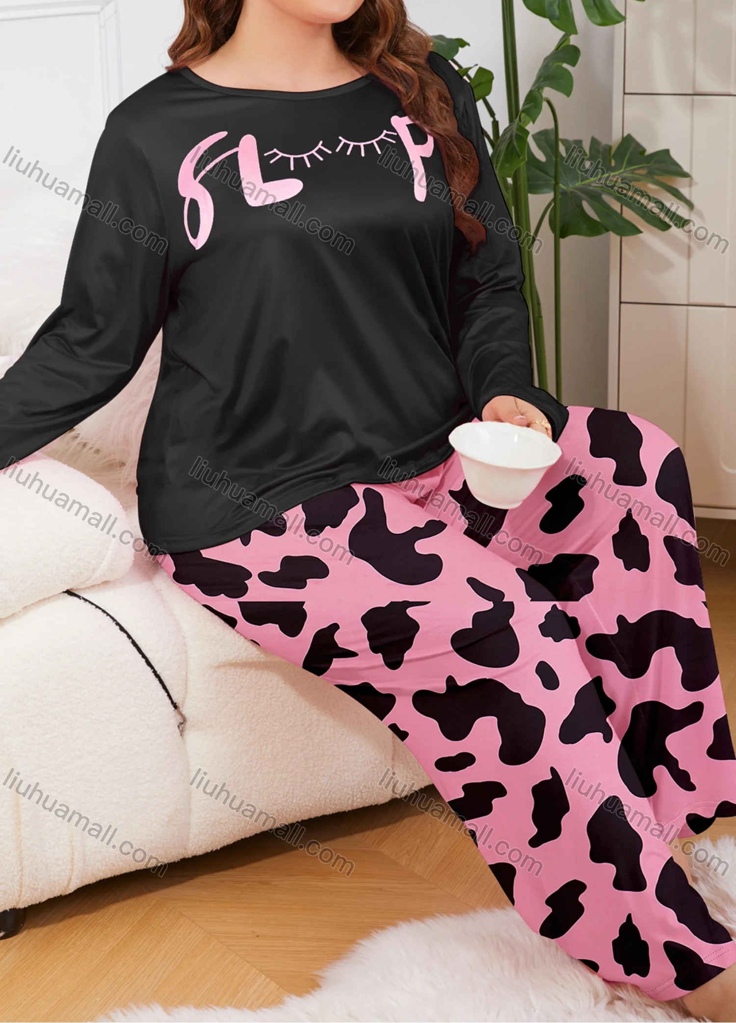 Wholesale Women's Lounge Milk Silk Letter Print Long Sleeve Crew Neck T-shirt & Cow Print Pant Soft Pajamas Sets DM02402-01# - Liuhuamall