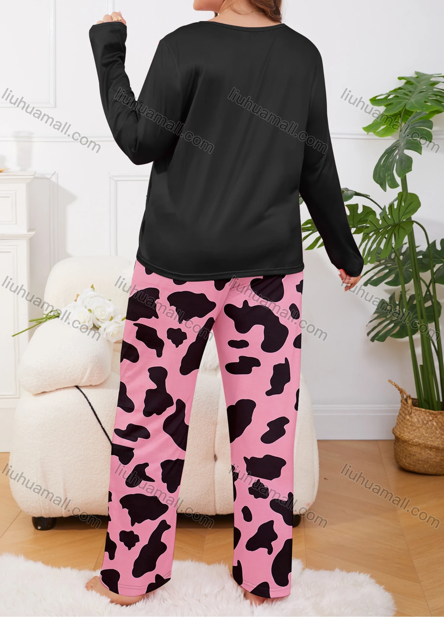 Wholesale Women's Lounge Milk Silk Letter Print Long Sleeve Crew Neck T-shirt & Cow Print Pant Soft Pajamas Sets DM02402-01# - Liuhuamall