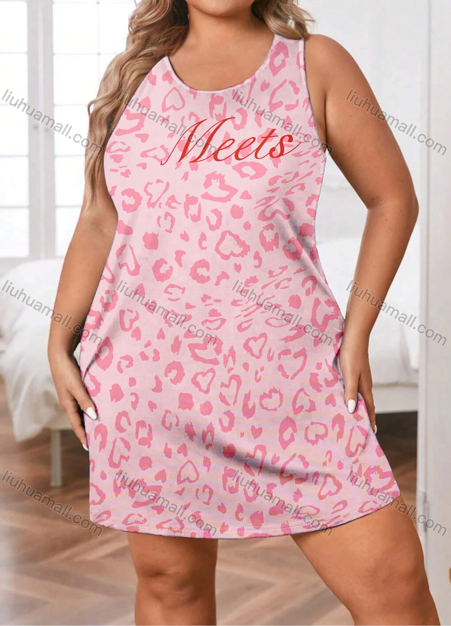 Wholesale Women's Milk Silk Heart Print Crew Neck Tank Lounge Short Nightdress DM1203# - Liuhuamall