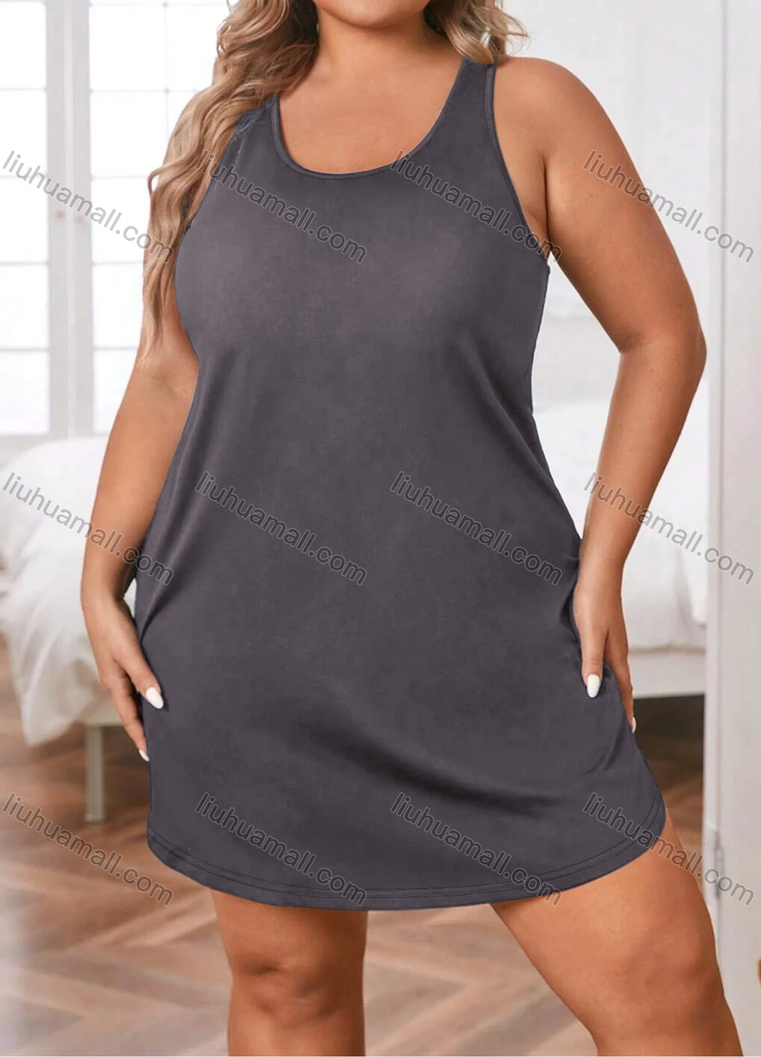 Wholesale Women's Milk Silk Plain Sleeveless Crew Neck Curved Hem Tank Lounge Short Nightdress DM1204# - Liuhuamall