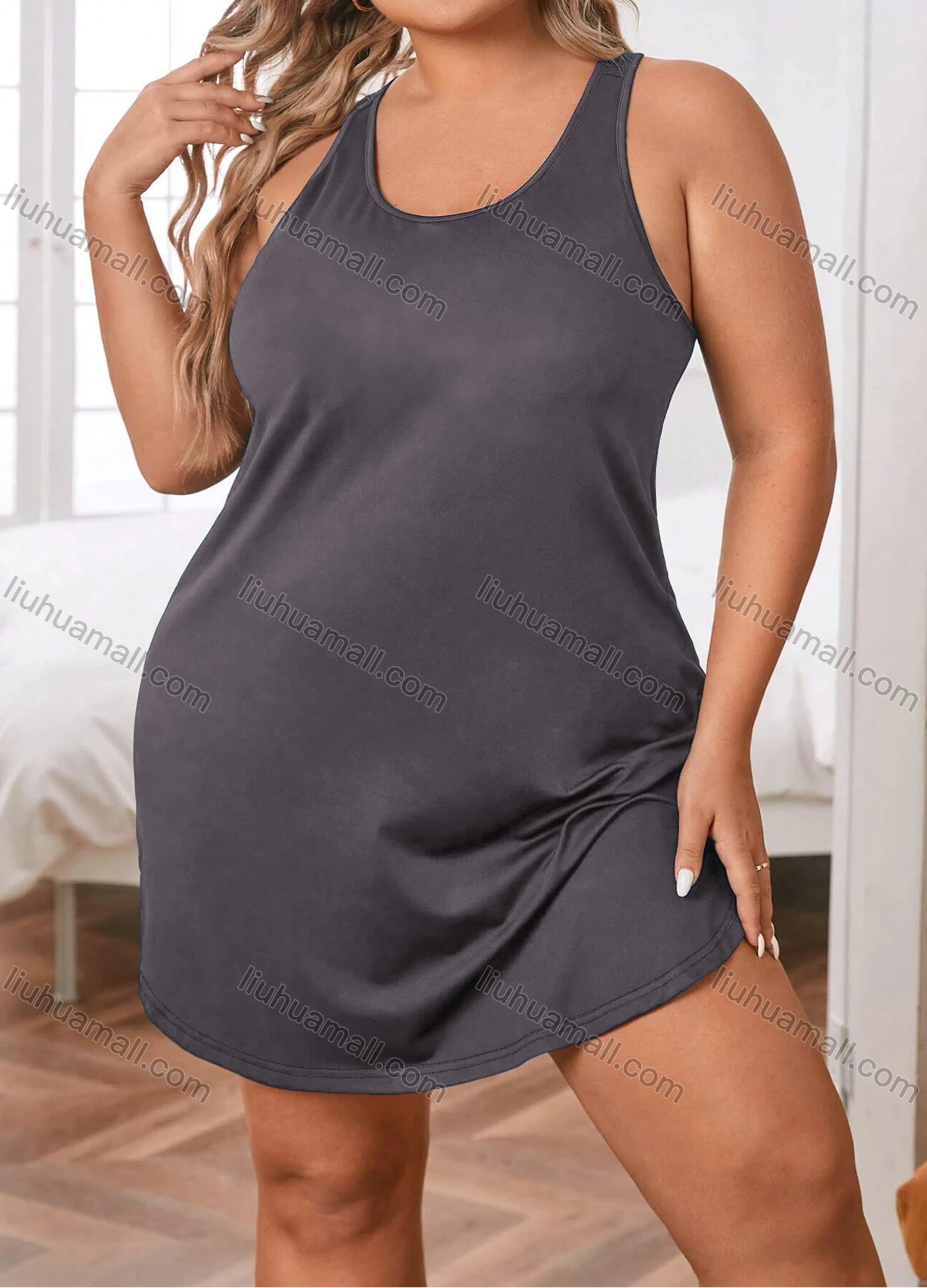 Wholesale Women's Milk Silk Plain Sleeveless Crew Neck Curved Hem Tank Lounge Short Nightdress DM1204# - Liuhuamall