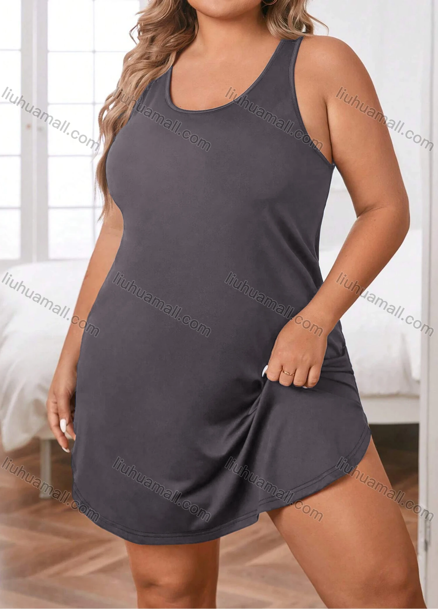 Wholesale Women's Milk Silk Plain Sleeveless Crew Neck Curved Hem Tank Lounge Short Nightdress DM1204# - Liuhuamall