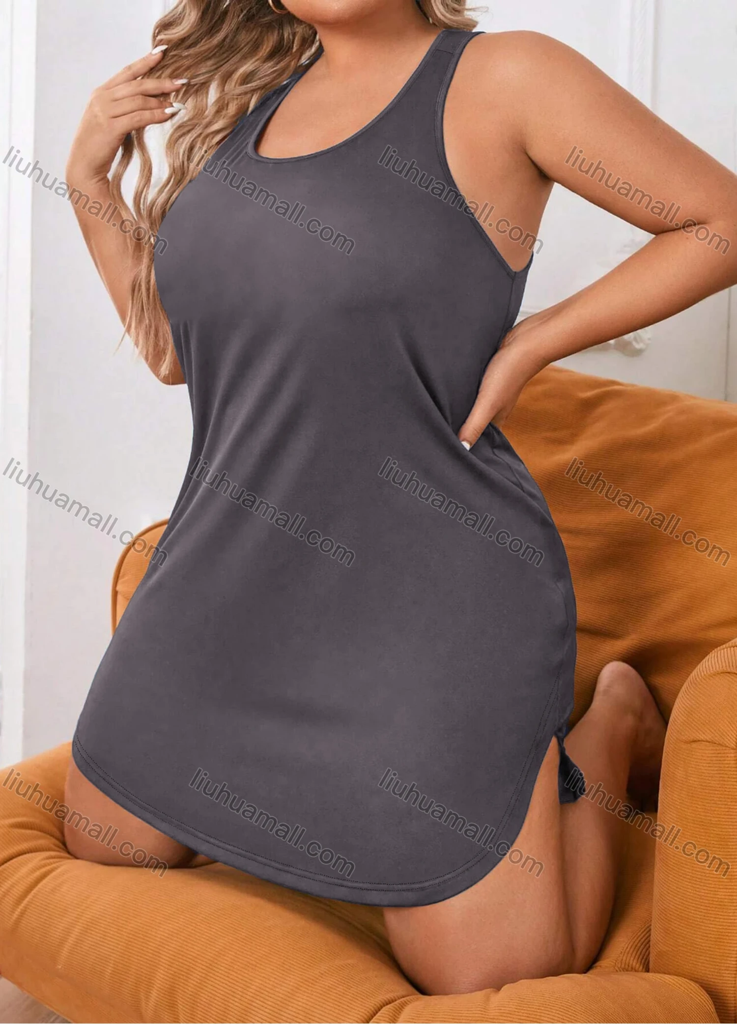 Wholesale Women's Milk Silk Plain Sleeveless Crew Neck Curved Hem Tank Lounge Short Nightdress DM1204# - Liuhuamall