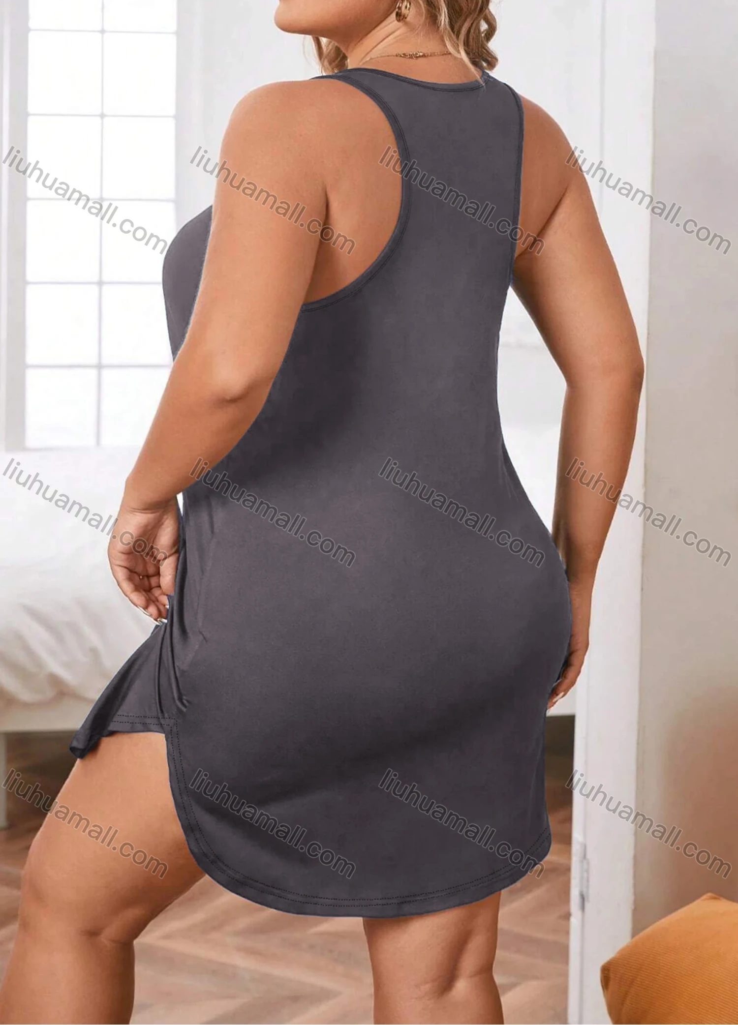 Wholesale Women's Milk Silk Plain Sleeveless Crew Neck Curved Hem Tank Lounge Short Nightdress DM1204# - Liuhuamall