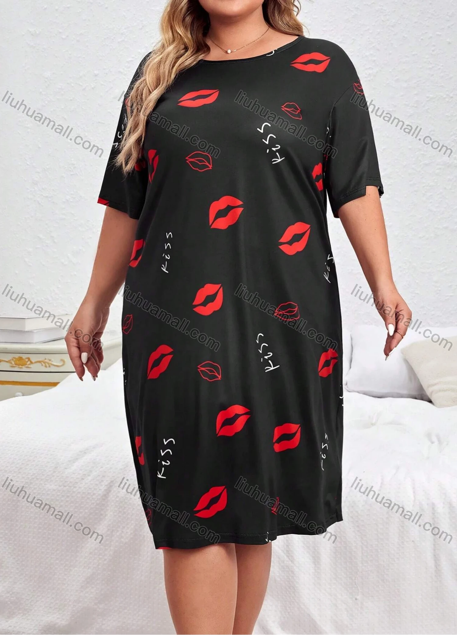 Wholesale Women's Milk Silk Letter Lip Print Short Sleeve Crew Neck Lounge Midi Nightdress DM1308-05# - Liuhuamall
