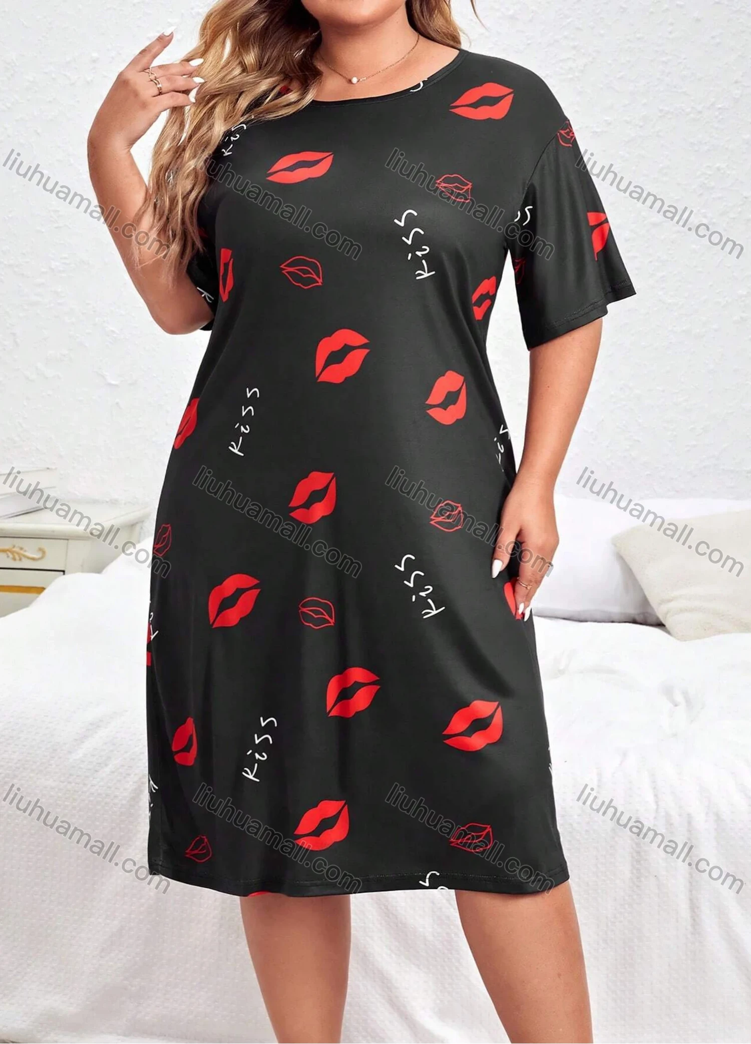 Wholesale Women's Milk Silk Letter Lip Print Short Sleeve Crew Neck Lounge Midi Nightdress DM1308-05# - Liuhuamall
