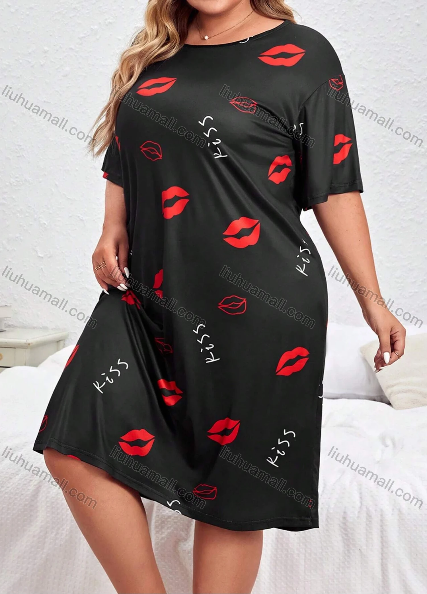 Wholesale Women's Milk Silk Letter Lip Print Short Sleeve Crew Neck Lounge Midi Nightdress DM1308-05# - Liuhuamall