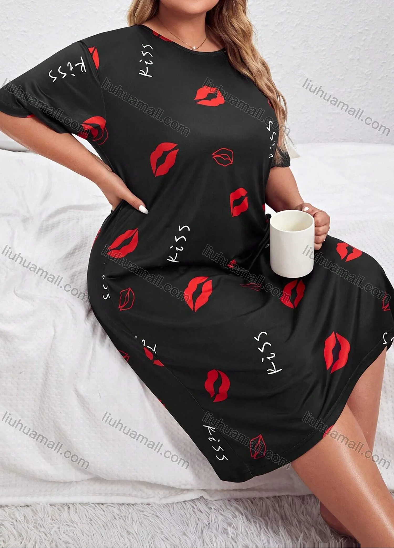 Wholesale Women's Milk Silk Letter Lip Print Short Sleeve Crew Neck Lounge Midi Nightdress DM1308-05# - Liuhuamall