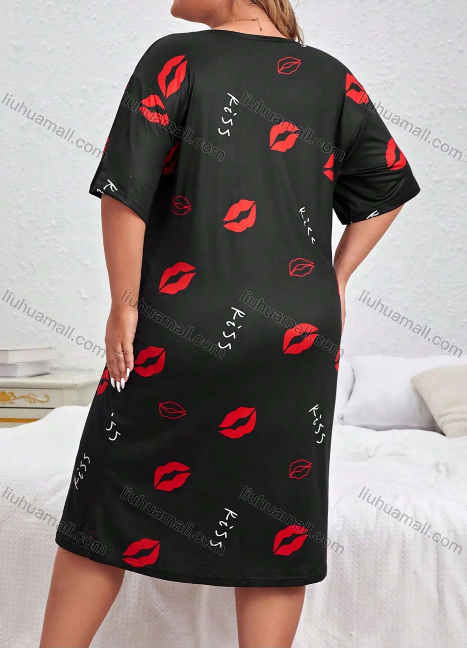 Wholesale Women's Milk Silk Letter Lip Print Short Sleeve Crew Neck Lounge Midi Nightdress DM1308-05# - Liuhuamall