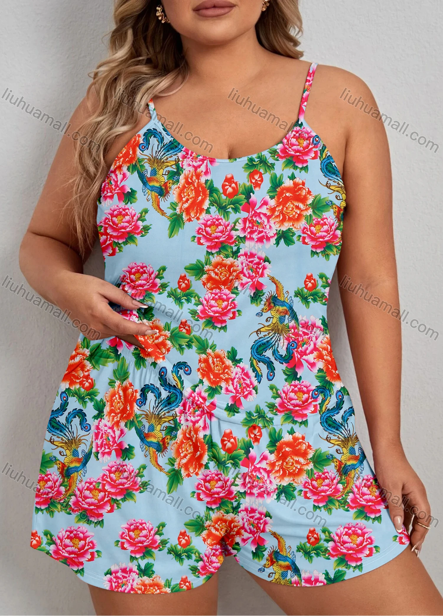 Wholesale Women's Lounge Milk Silk Sleeveless Allover Floral Print Cami Tops & Shorts Pajamas Sets DM2105-04# - Liuhuamall