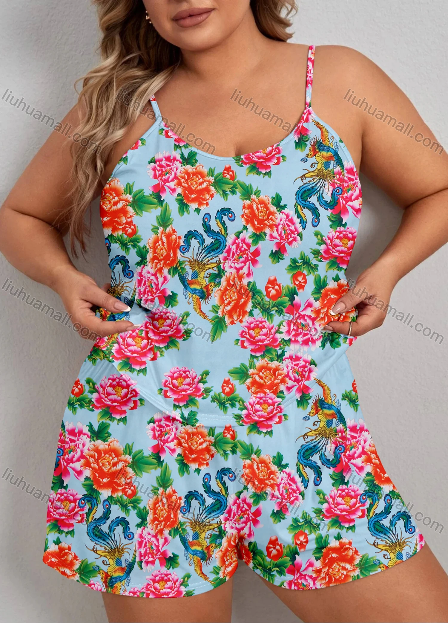 Wholesale Women's Lounge Milk Silk Sleeveless Allover Floral Print Cami Tops & Shorts Pajamas Sets DM2105-04# - Liuhuamall