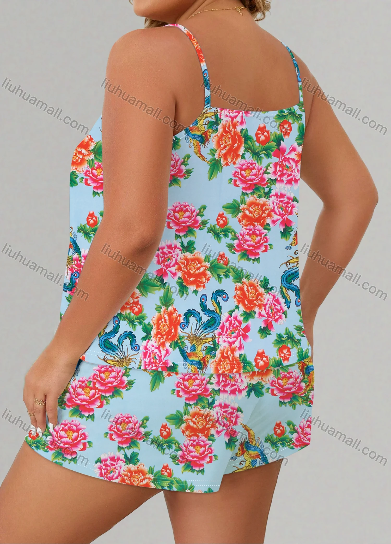Wholesale Women's Lounge Milk Silk Sleeveless Allover Floral Print Cami Tops & Shorts Pajamas Sets DM2105-04# - Liuhuamall