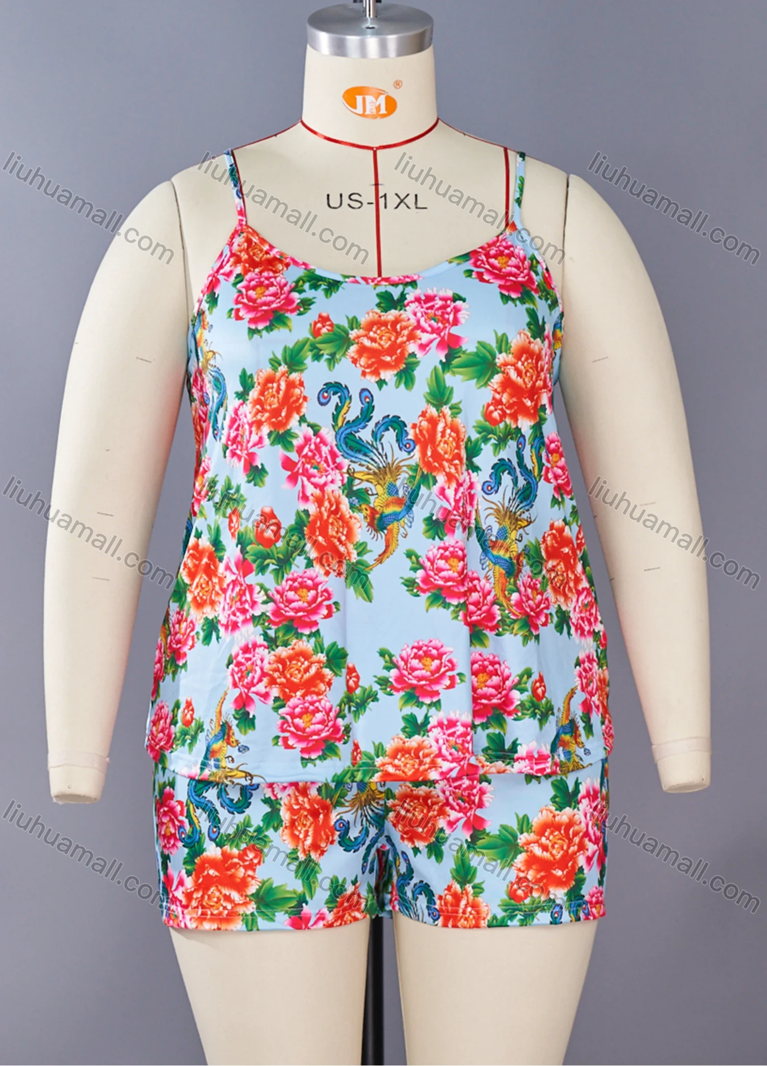 Wholesale Women's Lounge Milk Silk Sleeveless Allover Floral Print Cami Tops & Shorts Pajamas Sets DM2105-04# - Liuhuamall