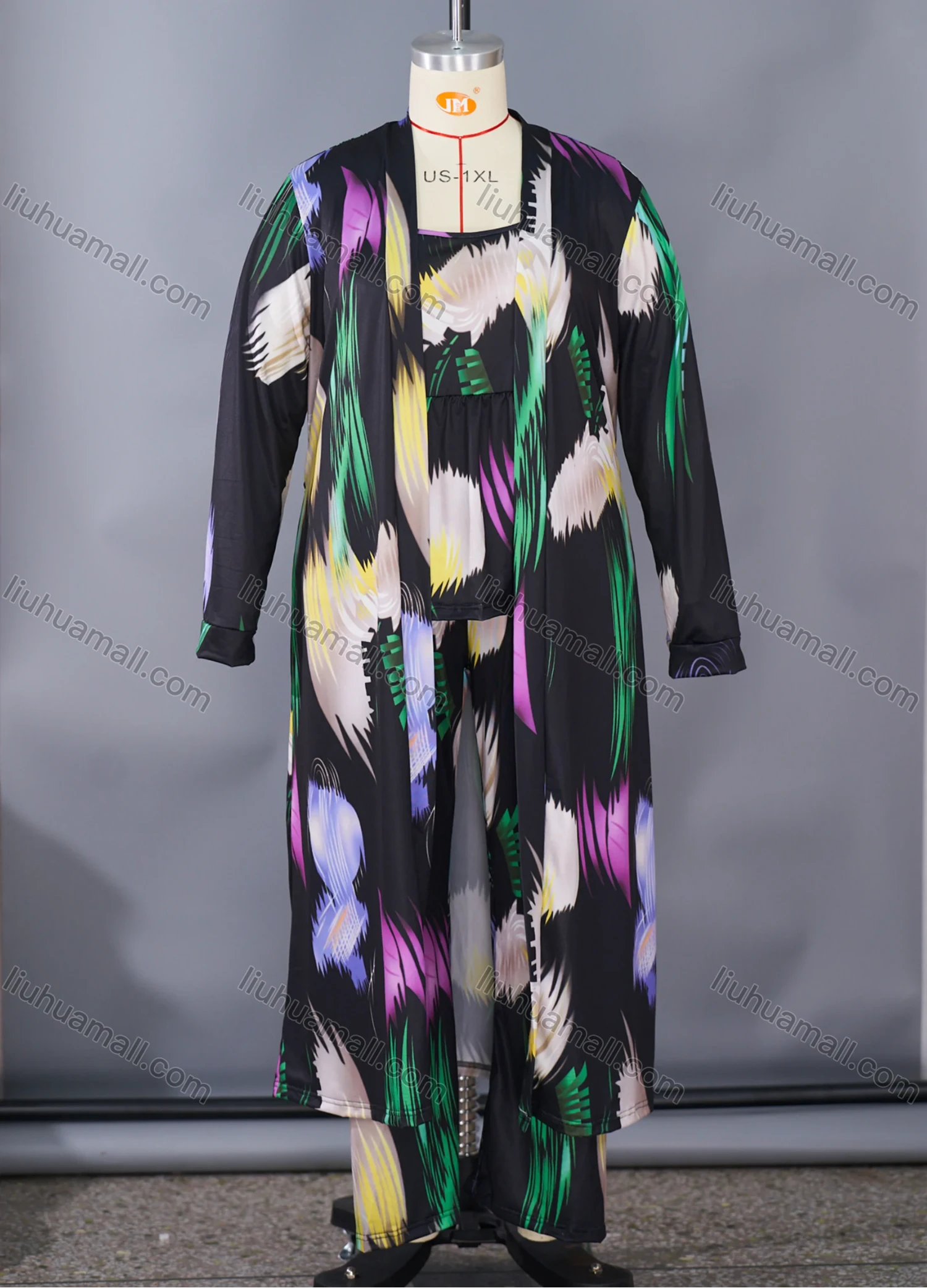 Wholesale Women's Lounge Abstract Print Sleeveless Ruched Cami Top & Pant & Long Sleeve Cardigan With Belt 3 Piece Sets DM3104# - Liuhuamall