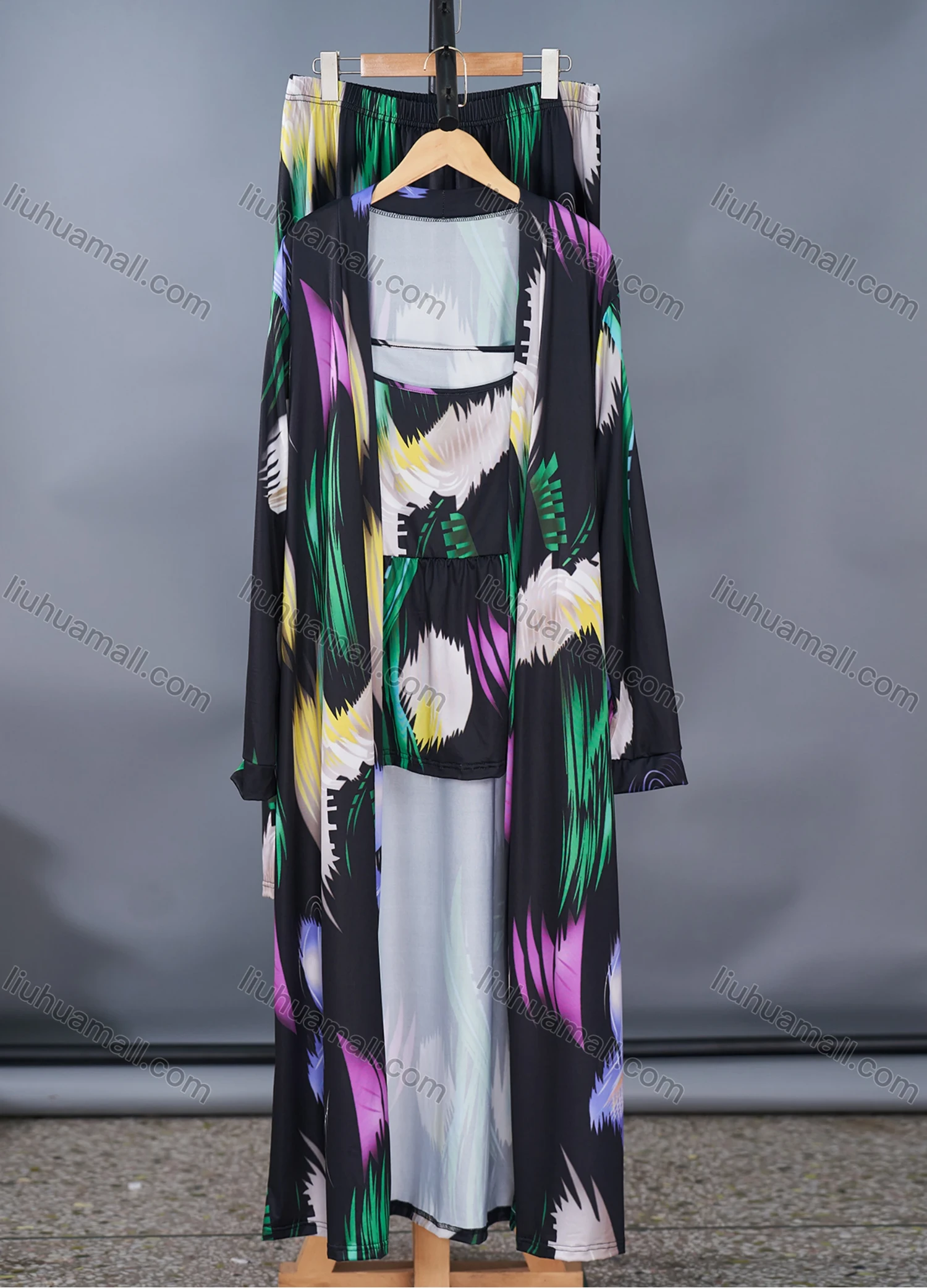 Wholesale Women's Lounge Abstract Print Sleeveless Ruched Cami Top & Pant & Long Sleeve Cardigan With Belt 3 Piece Sets DM3104# - Liuhuamall