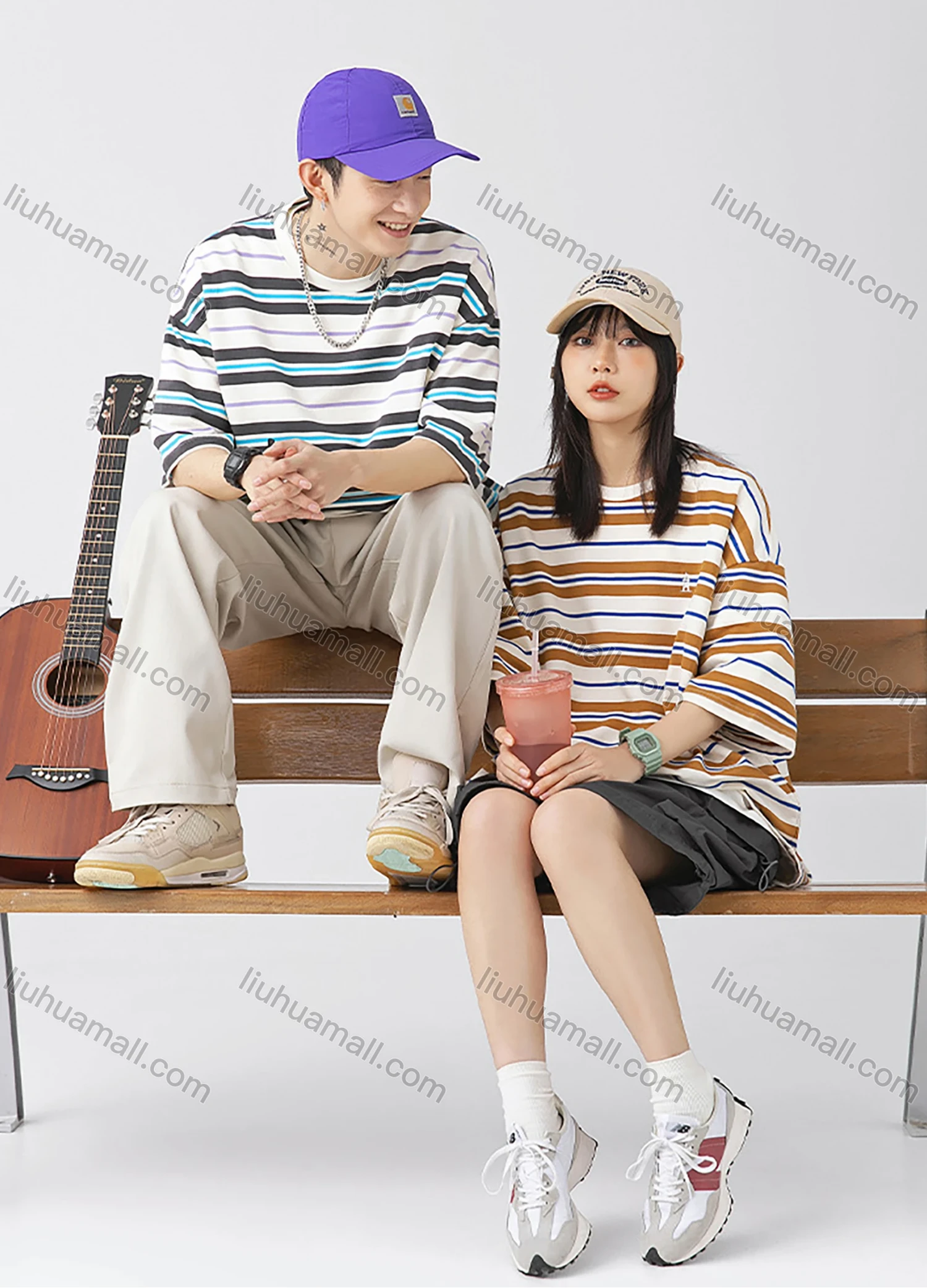 Wholesale Men's Fashion Striped Round Neck Short Sleeve Unisex Drop Shoulder T-shirts - Liuhuamall