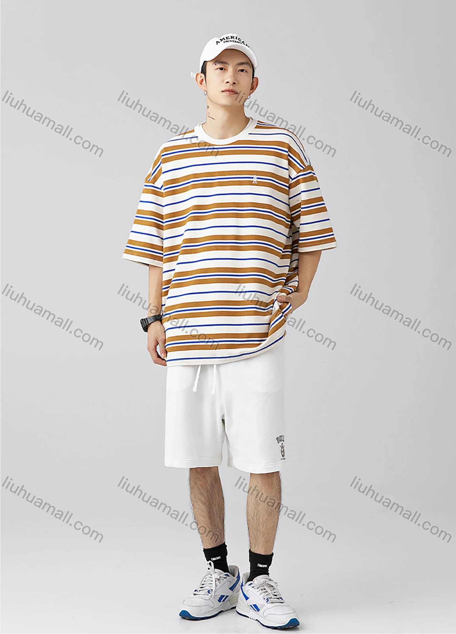Wholesale Men's Fashion Striped Round Neck Short Sleeve Unisex Drop Shoulder T-shirts - Liuhuamall