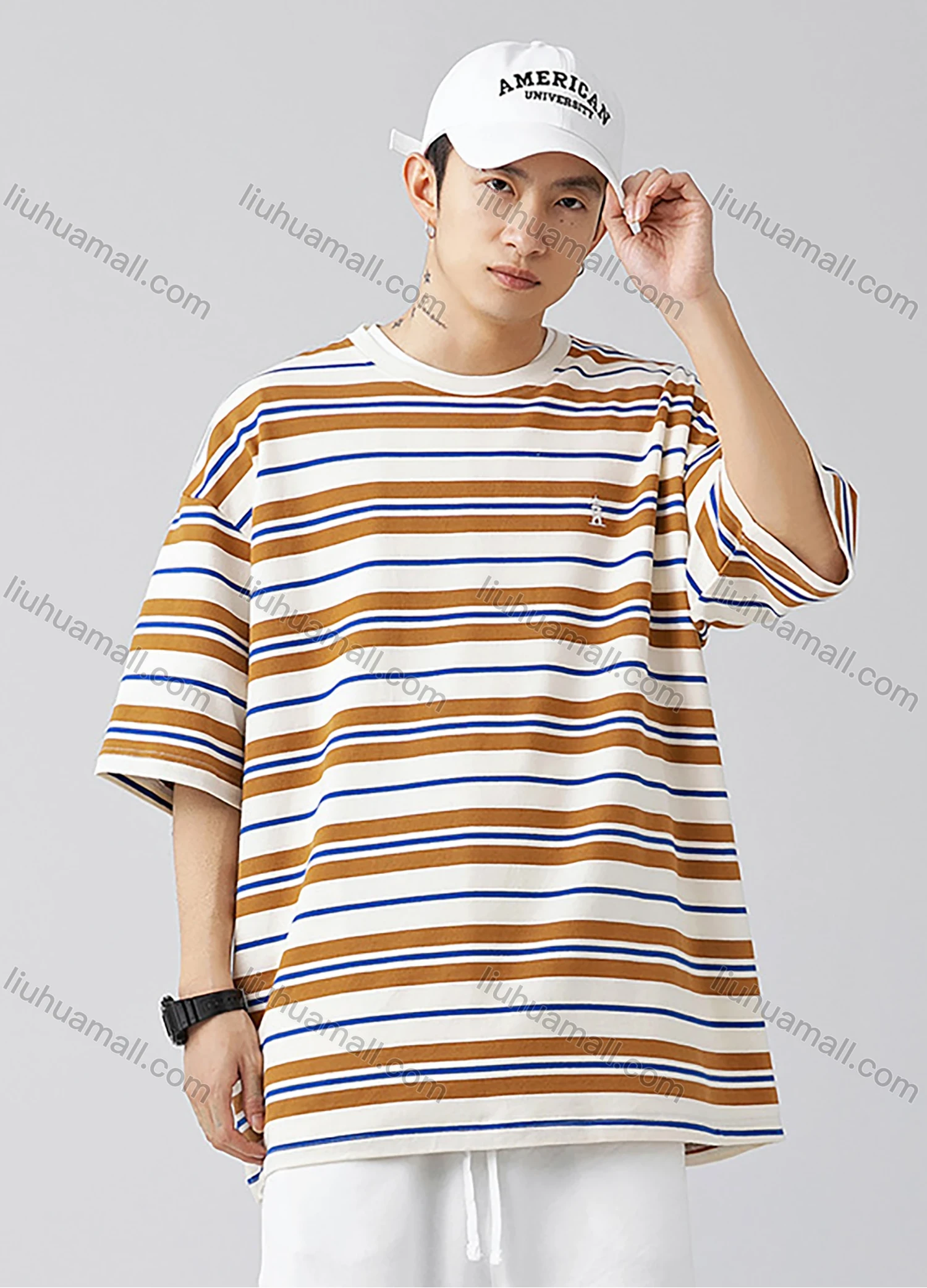 Wholesale Men's Fashion Striped Round Neck Short Sleeve Unisex Drop Shoulder T-shirts - Liuhuamall