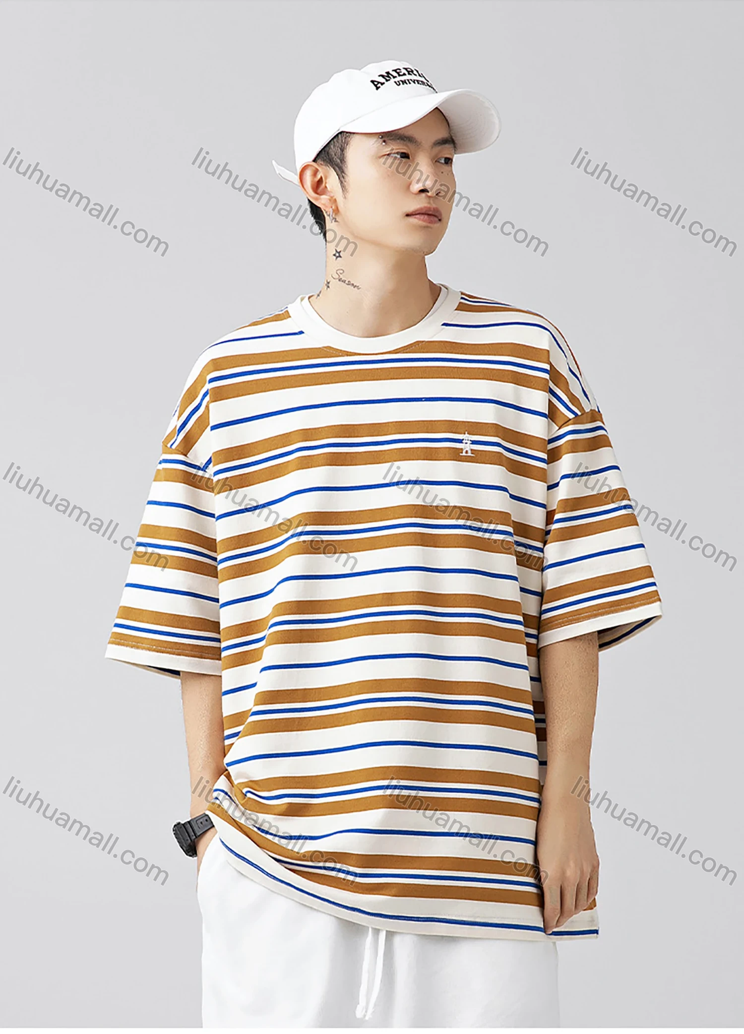 Wholesale Men's Fashion Striped Round Neck Short Sleeve Unisex Drop Shoulder T-shirts - Liuhuamall