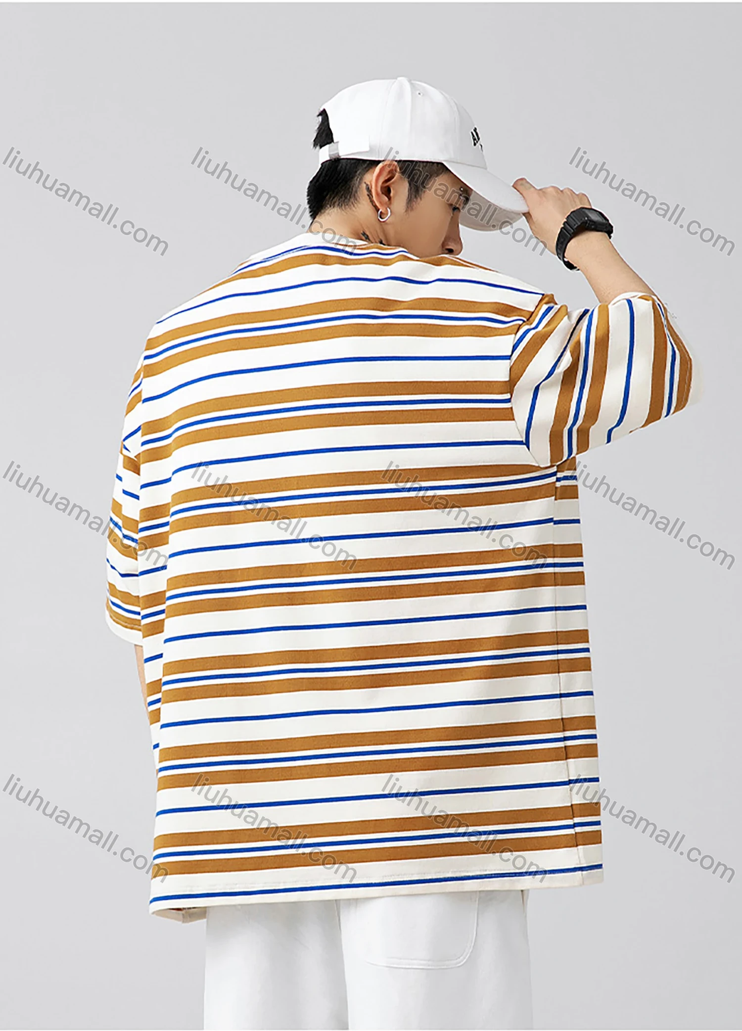 Wholesale Men's Fashion Striped Round Neck Short Sleeve Unisex Drop Shoulder T-shirts - Liuhuamall