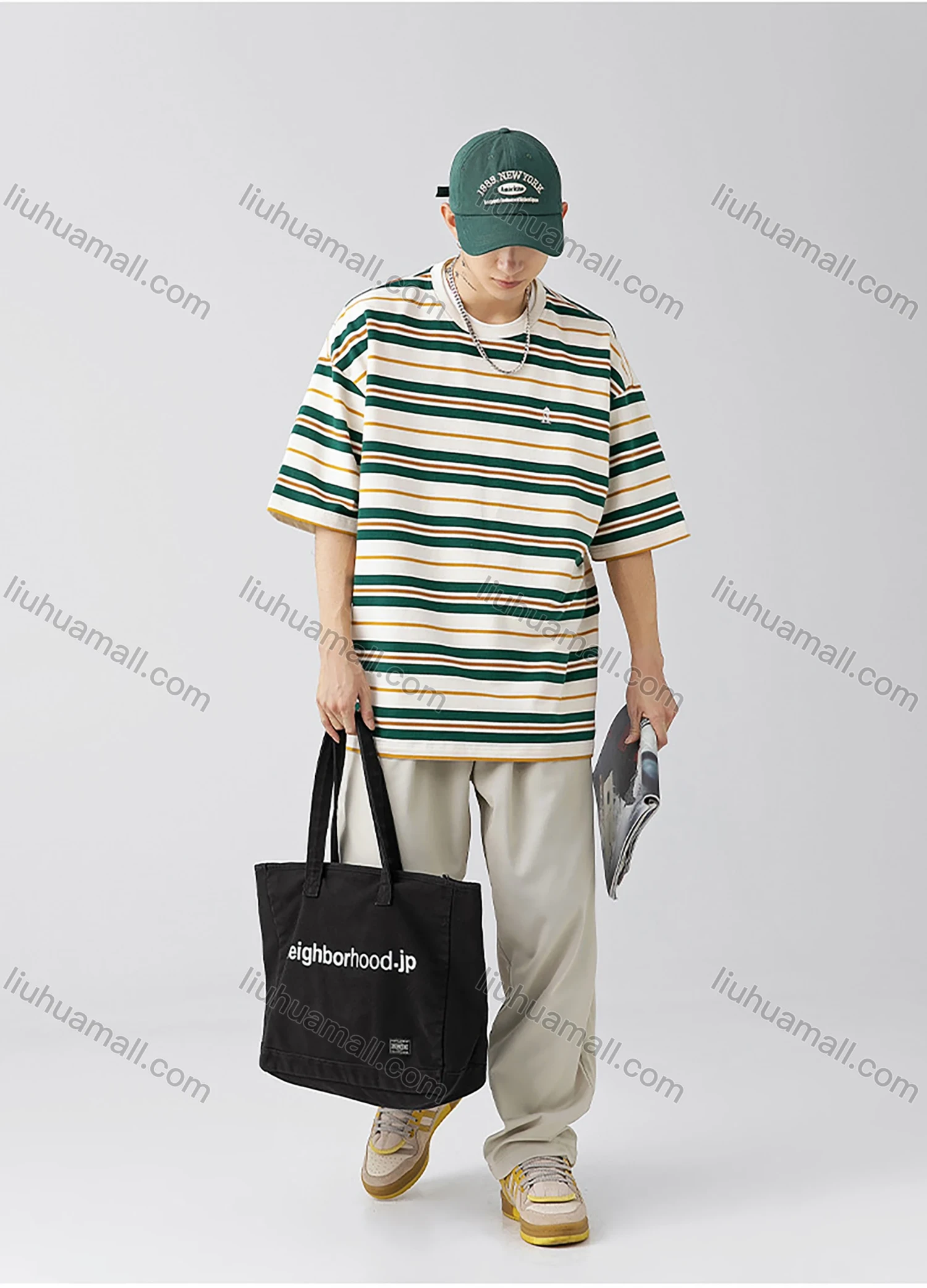 Wholesale Men's Fashion Striped Round Neck Short Sleeve Unisex Drop Shoulder T-shirts - Liuhuamall