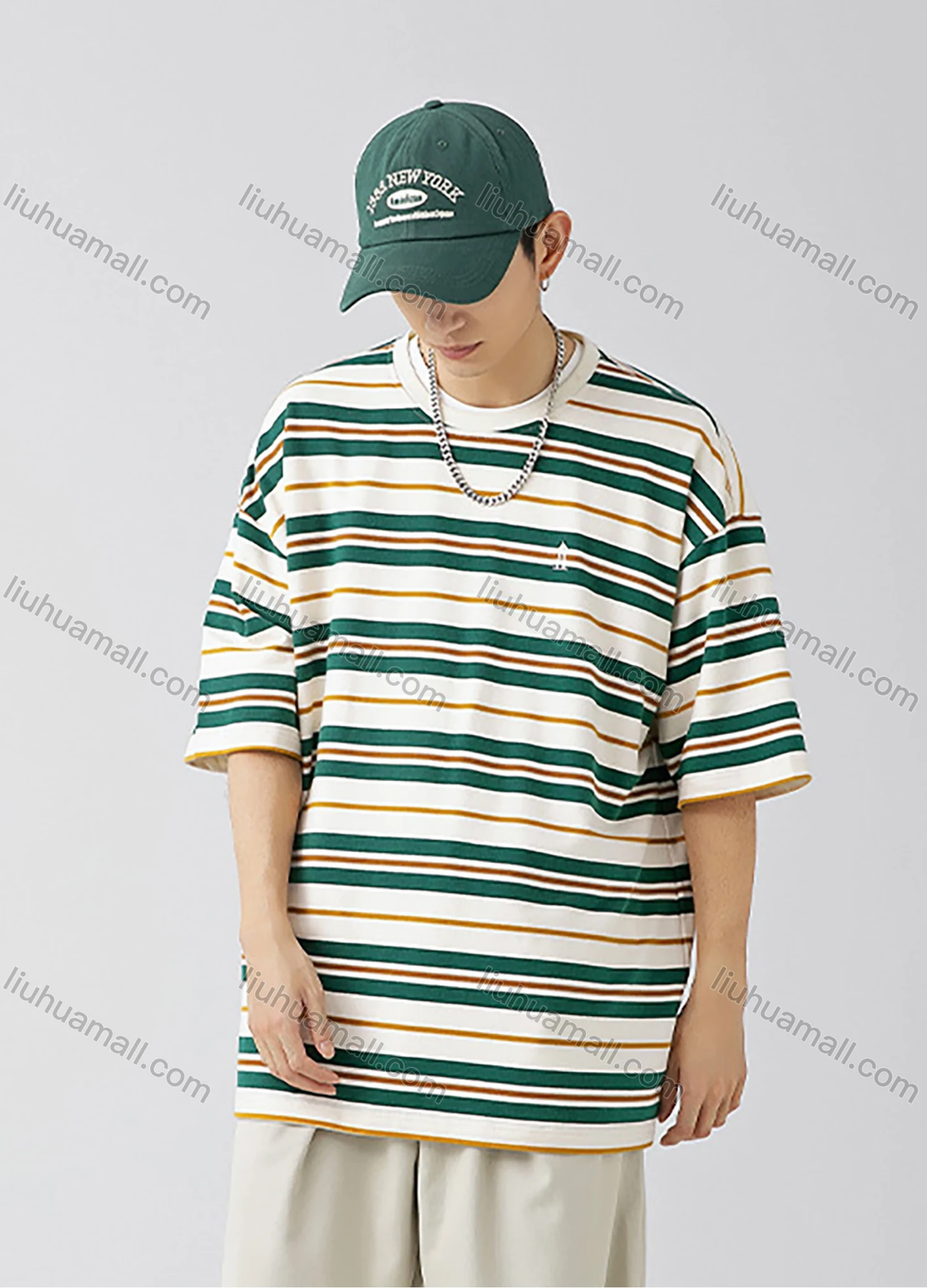 Wholesale Men's Fashion Striped Round Neck Short Sleeve Unisex Drop Shoulder T-shirts - Liuhuamall