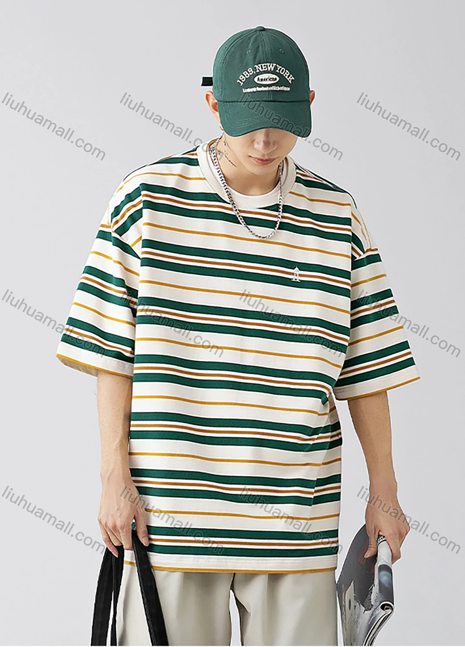 Wholesale Men's Fashion Striped Round Neck Short Sleeve Unisex Drop Shoulder T-shirts - Liuhuamall