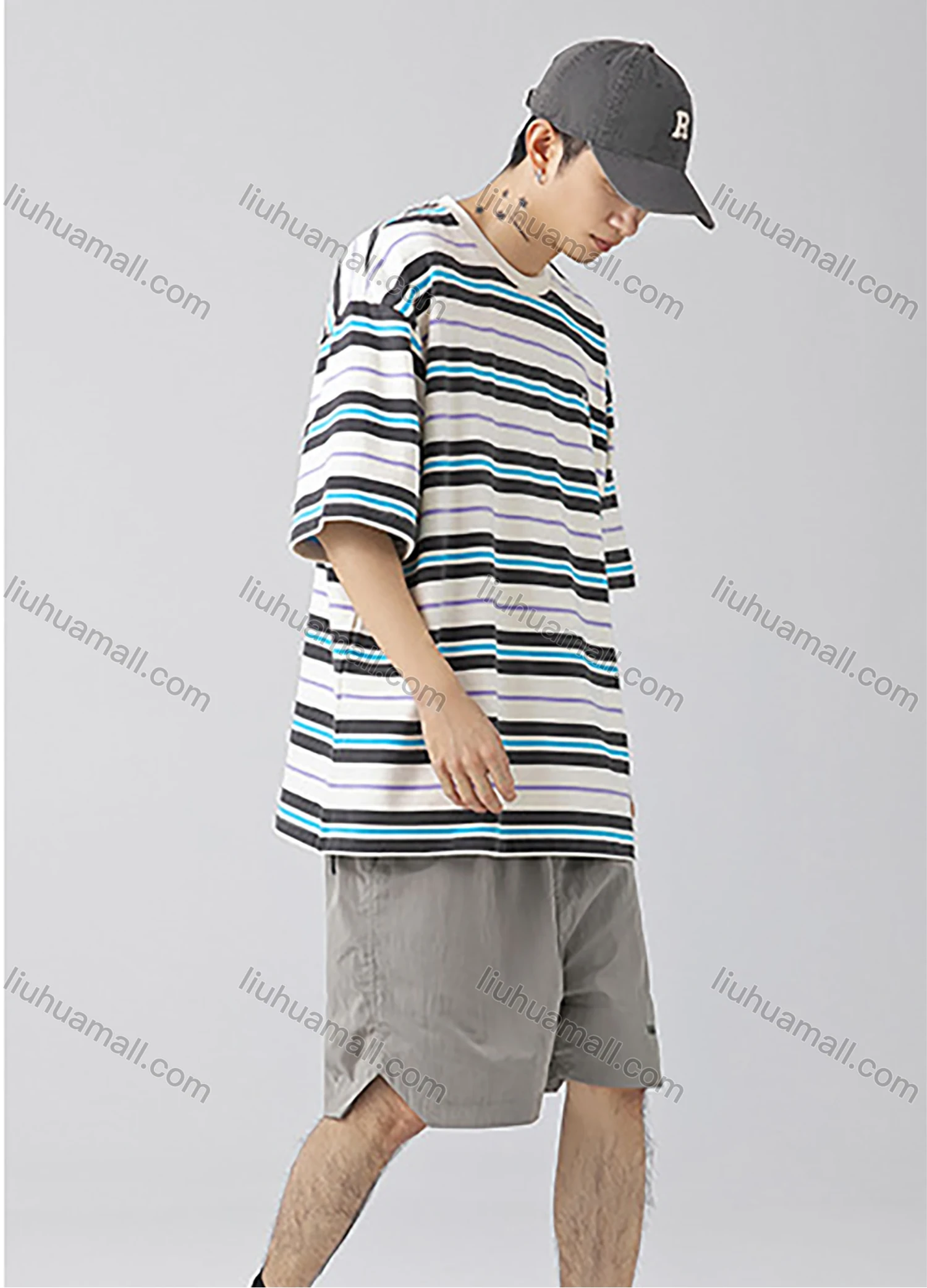 Wholesale Men's Fashion Striped Round Neck Short Sleeve Unisex Drop Shoulder T-shirts - Liuhuamall