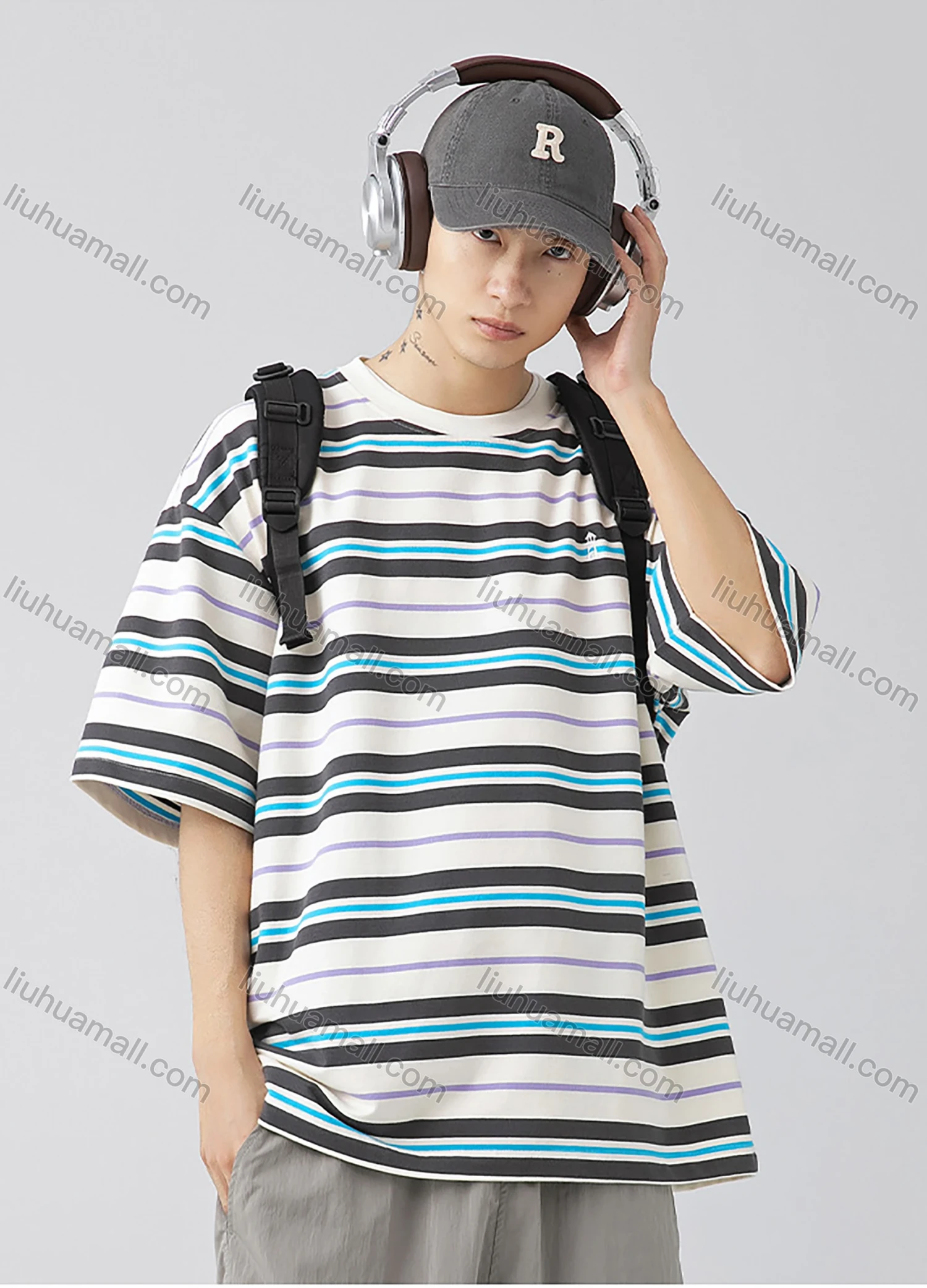 Wholesale Men's Fashion Striped Round Neck Short Sleeve Unisex Drop Shoulder T-shirts - Liuhuamall