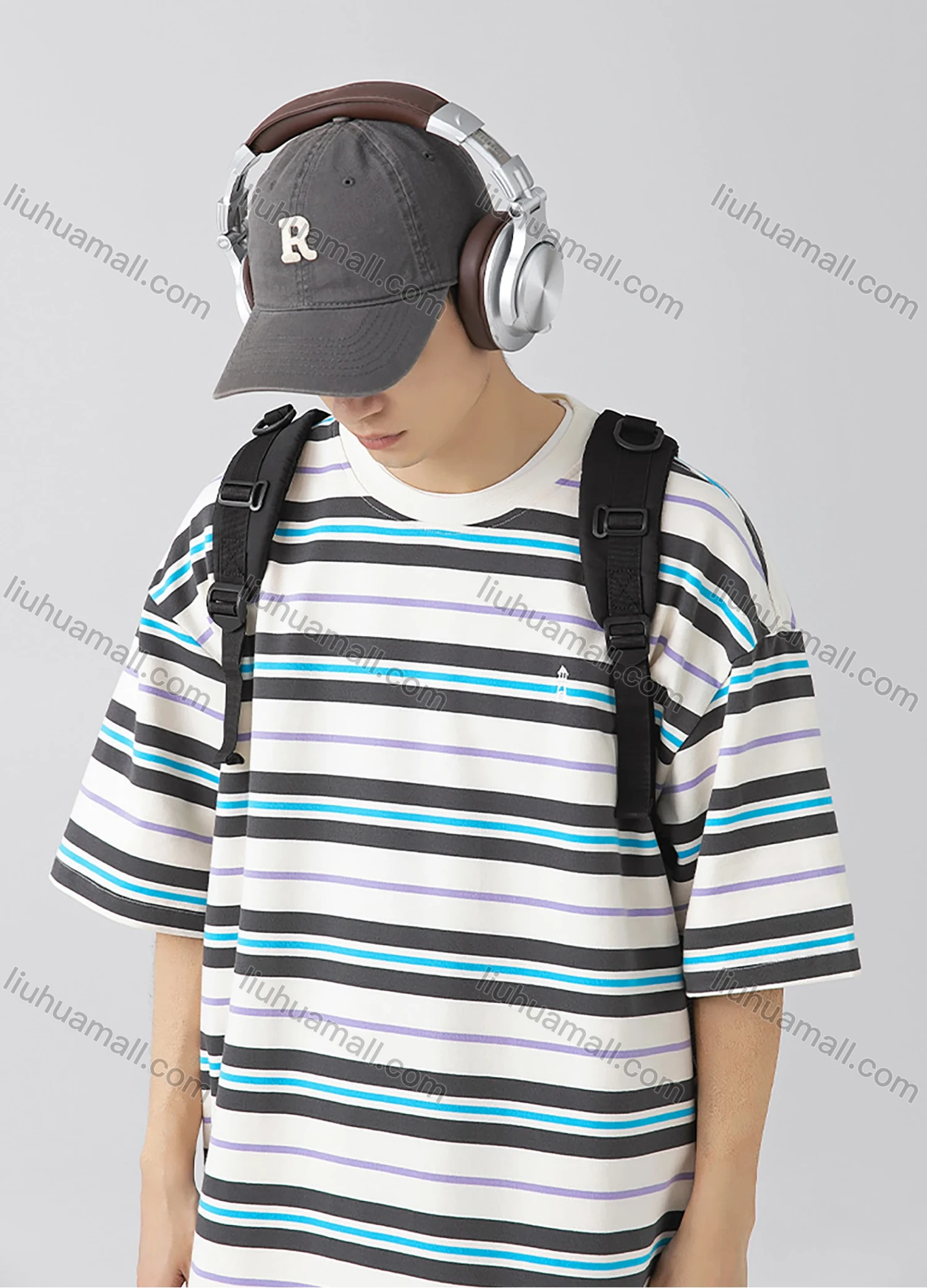 Wholesale Men's Fashion Striped Round Neck Short Sleeve Unisex Drop Shoulder T-shirts - Liuhuamall