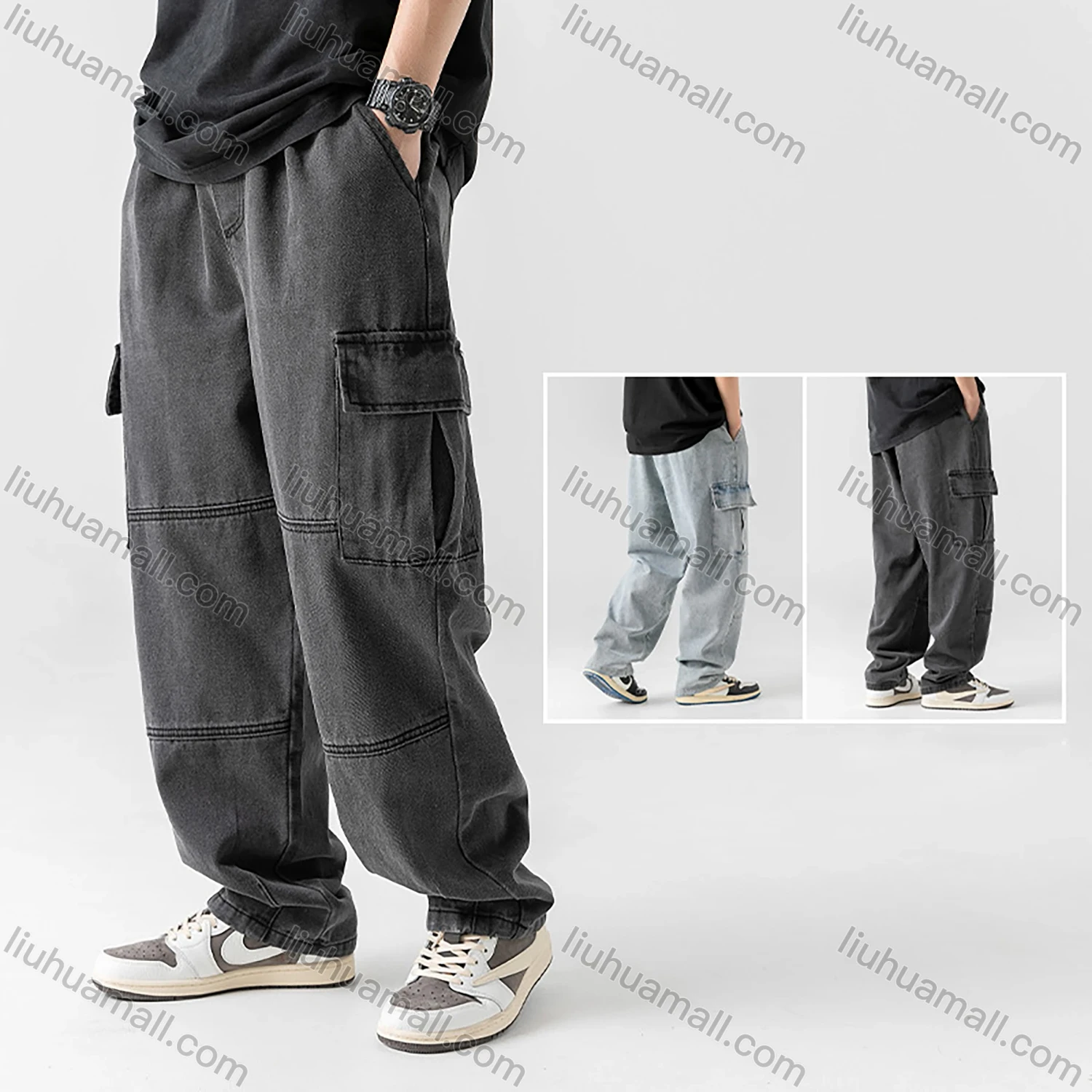 Wholesale Men's Casual Distressed Washed Plain Flap Pockets Elastic Waist Drawstring Cargo Denim Pant - Liuhuamall