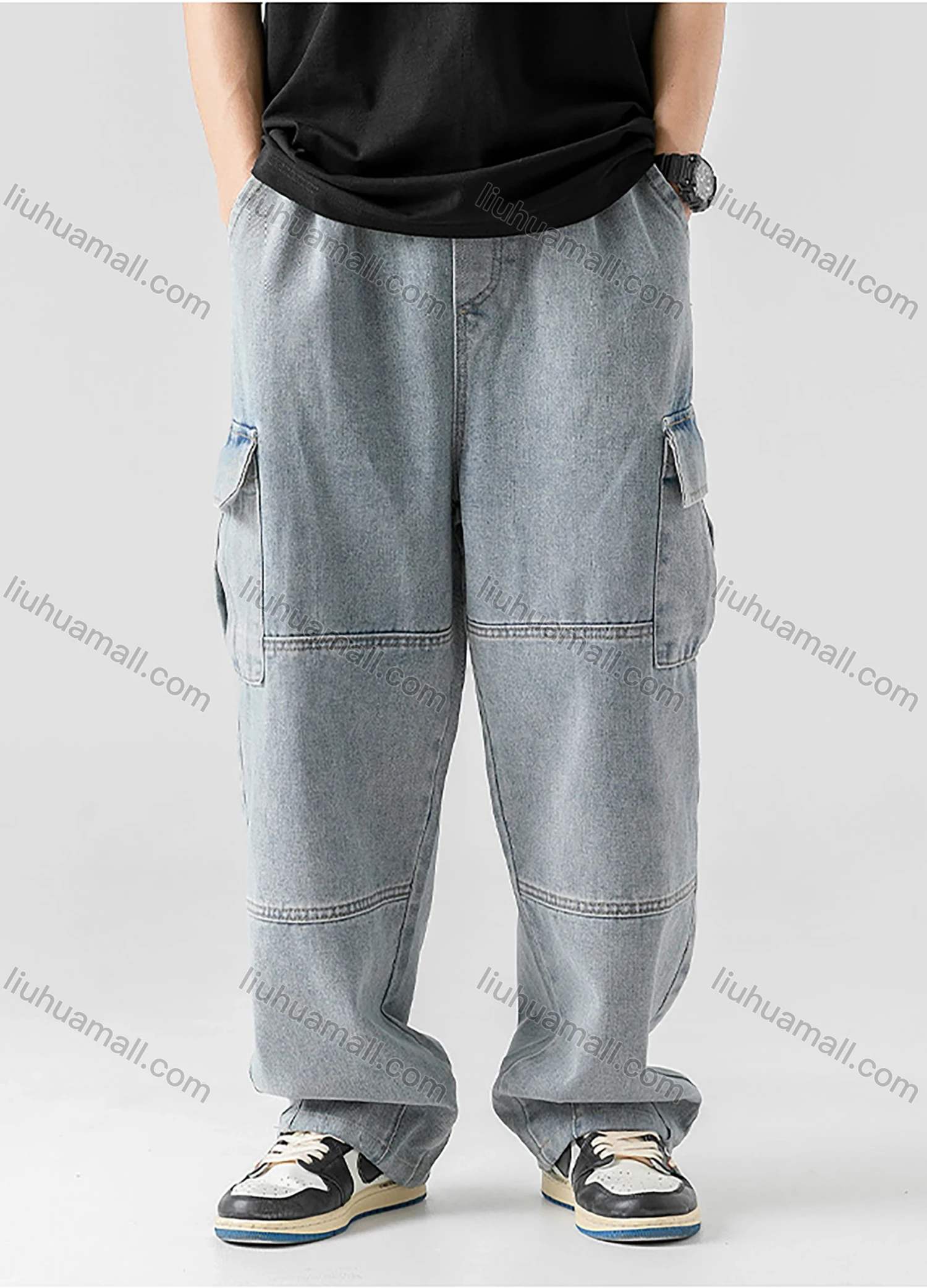 Wholesale Men's Casual Distressed Washed Plain Flap Pockets Elastic Waist Drawstring Cargo Denim Pant - Liuhuamall