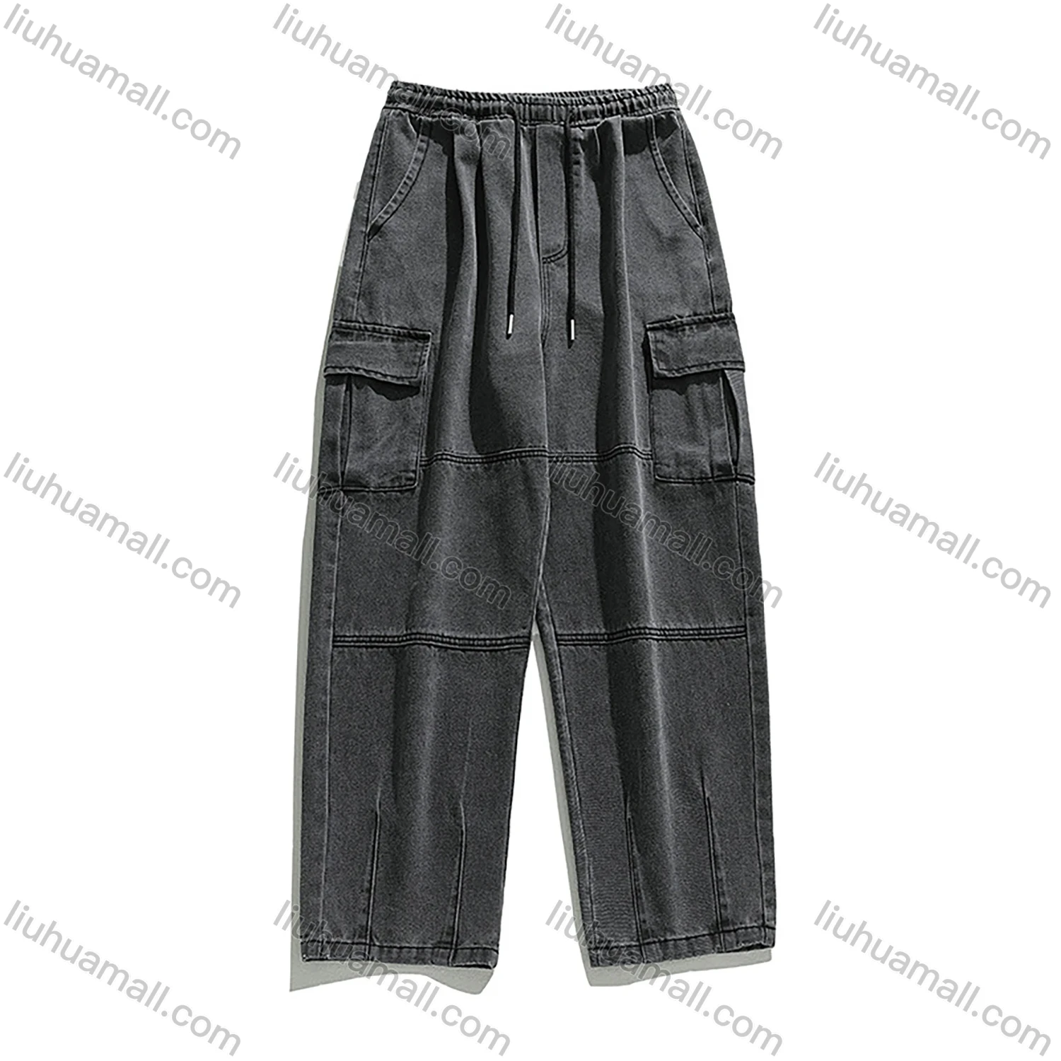 Wholesale Men's Casual Distressed Washed Plain Flap Pockets Elastic Waist Drawstring Cargo Denim Pant - Liuhuamall