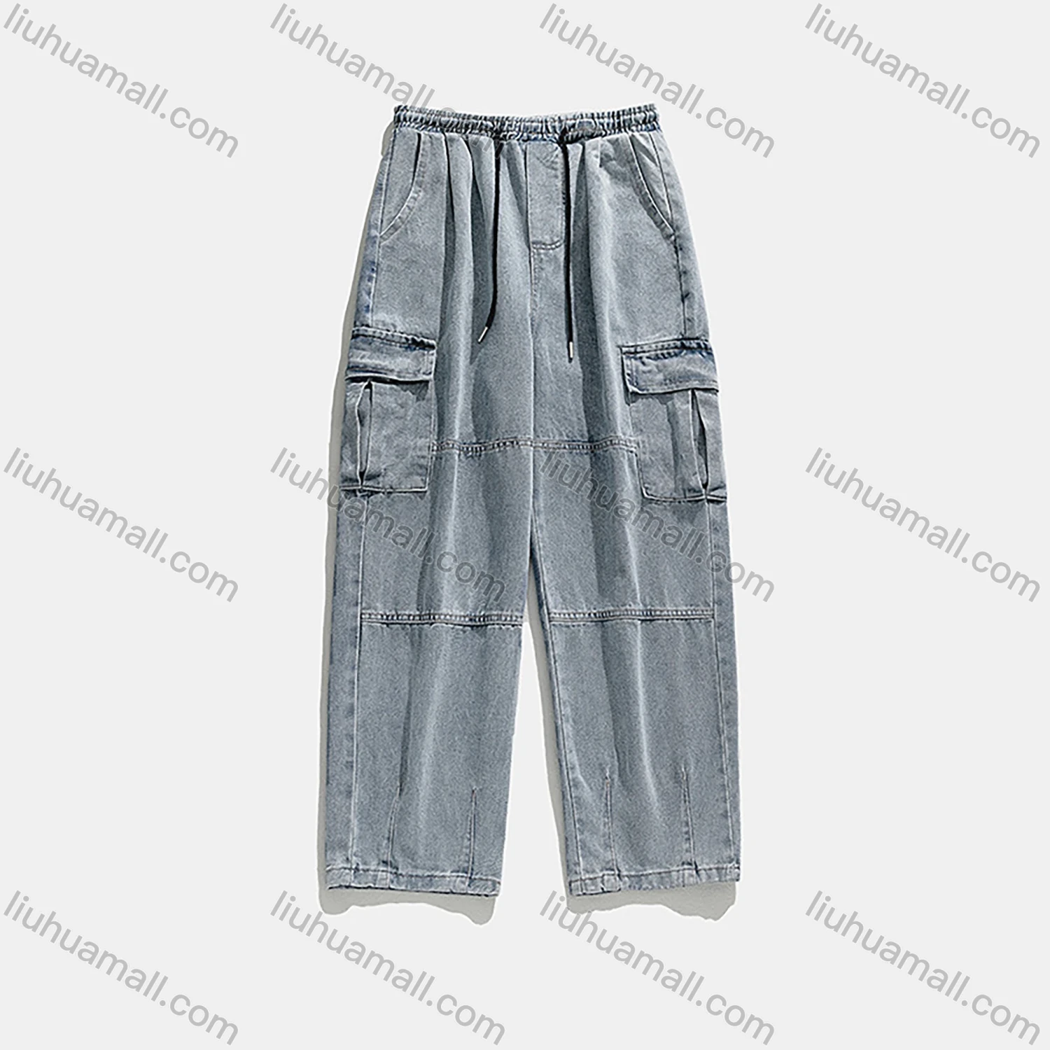 Wholesale Men's Casual Distressed Washed Plain Flap Pockets Elastic Waist Drawstring Cargo Denim Pant - Liuhuamall