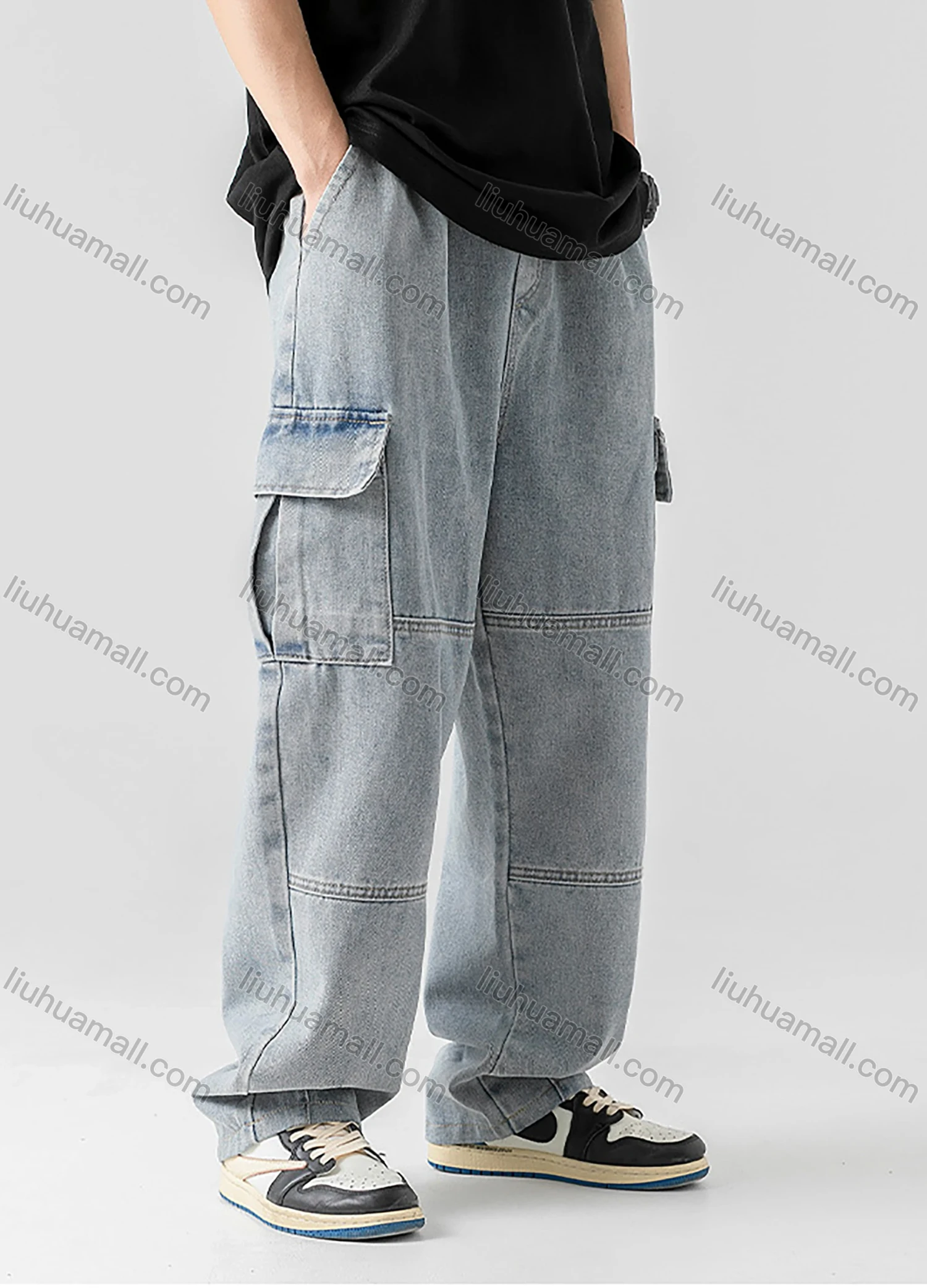 Wholesale Men's Casual Distressed Washed Plain Flap Pockets Elastic Waist Drawstring Cargo Denim Pant - Liuhuamall