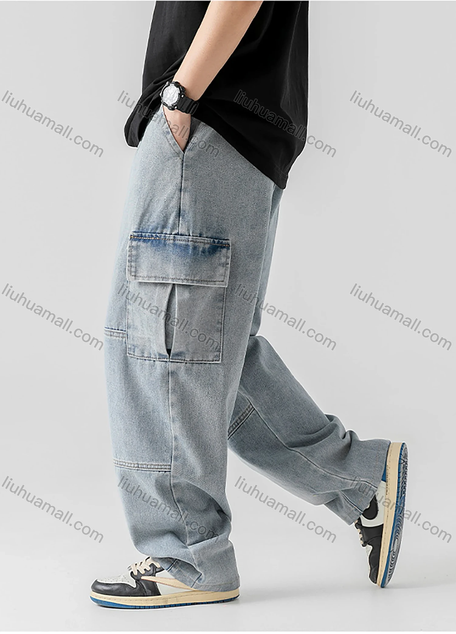 Wholesale Men's Casual Distressed Washed Plain Flap Pockets Elastic Waist Drawstring Cargo Denim Pant - Liuhuamall