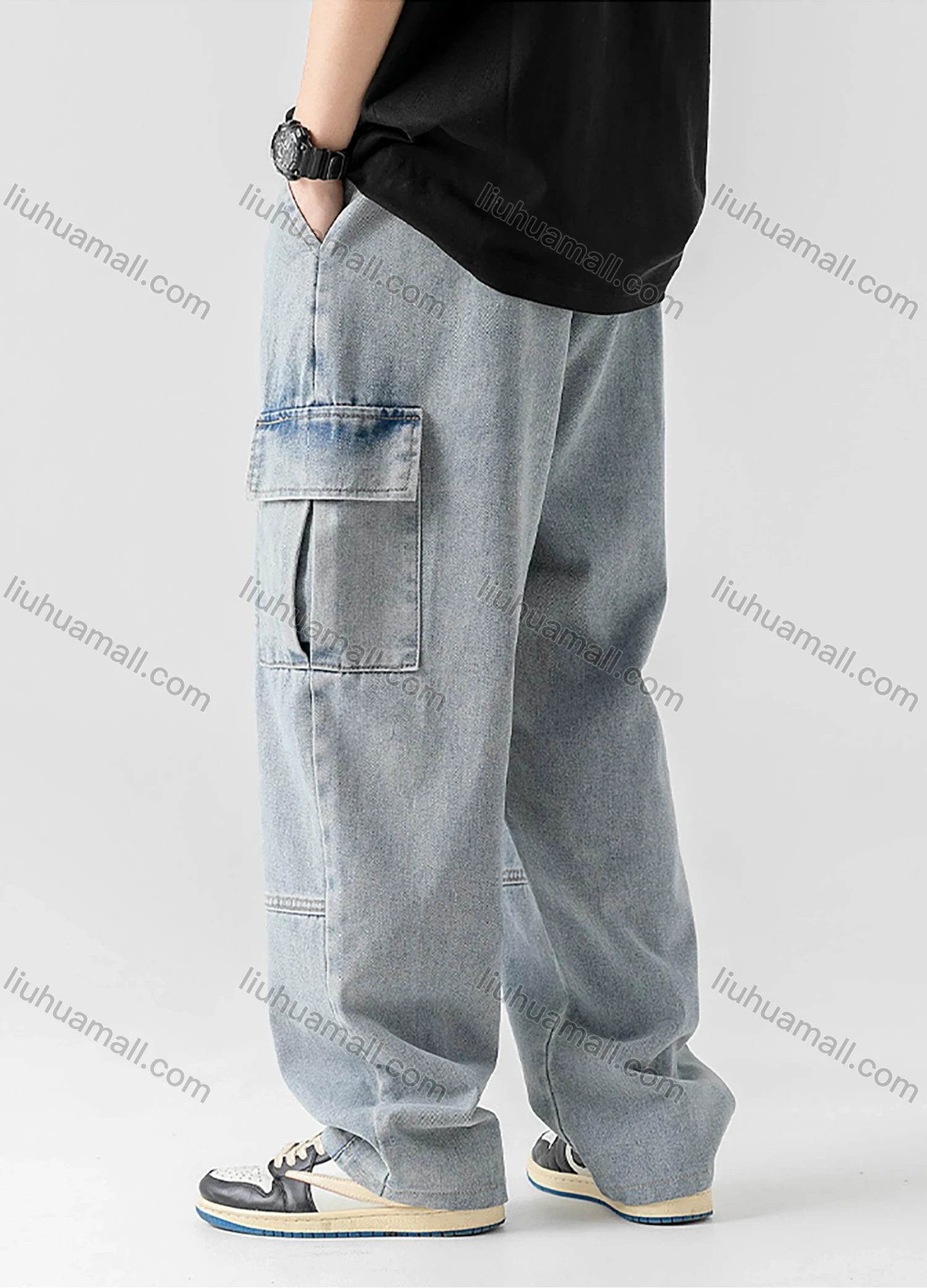 Wholesale Men's Casual Distressed Washed Plain Flap Pockets Elastic Waist Drawstring Cargo Denim Pant - Liuhuamall