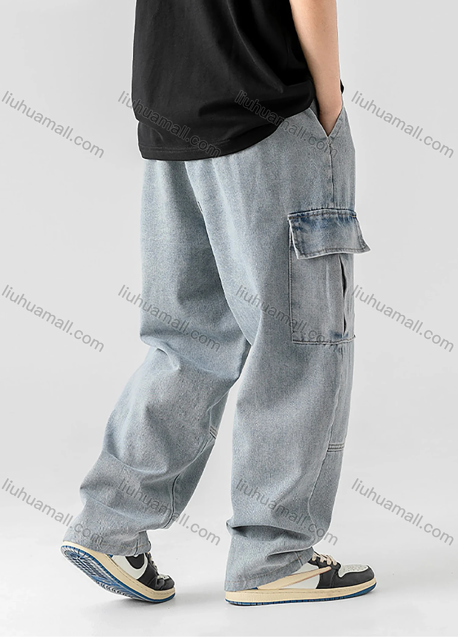 Wholesale Men's Casual Distressed Washed Plain Flap Pockets Elastic Waist Drawstring Cargo Denim Pant - Liuhuamall