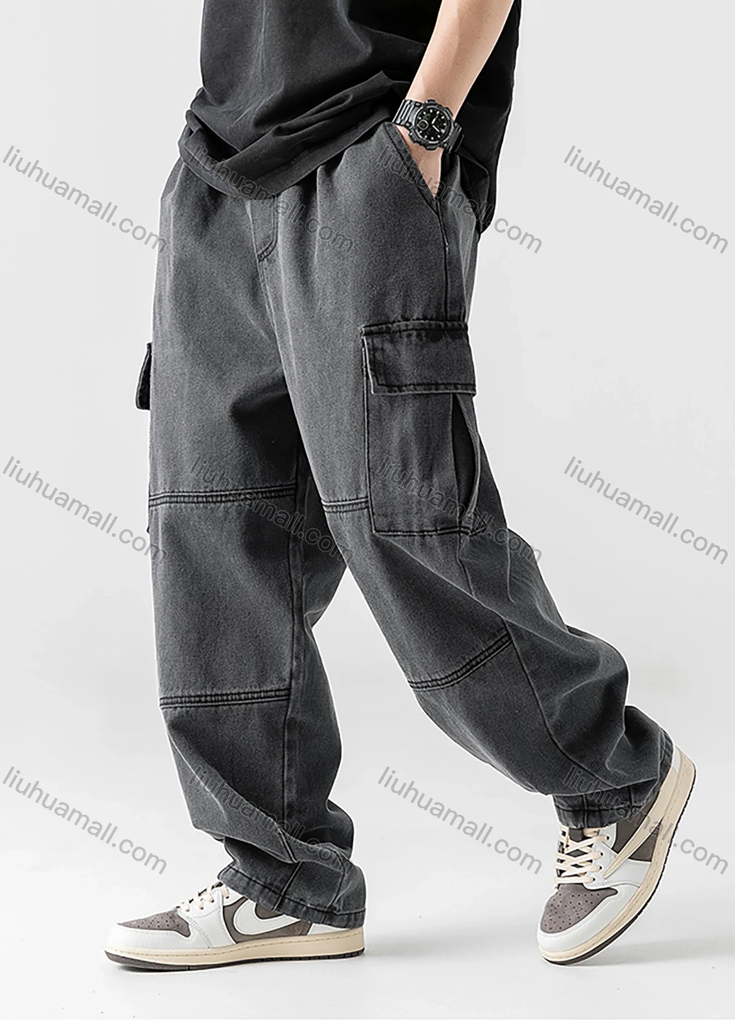 Wholesale Men's Casual Distressed Washed Plain Flap Pockets Elastic Waist Drawstring Cargo Denim Pant - Liuhuamall