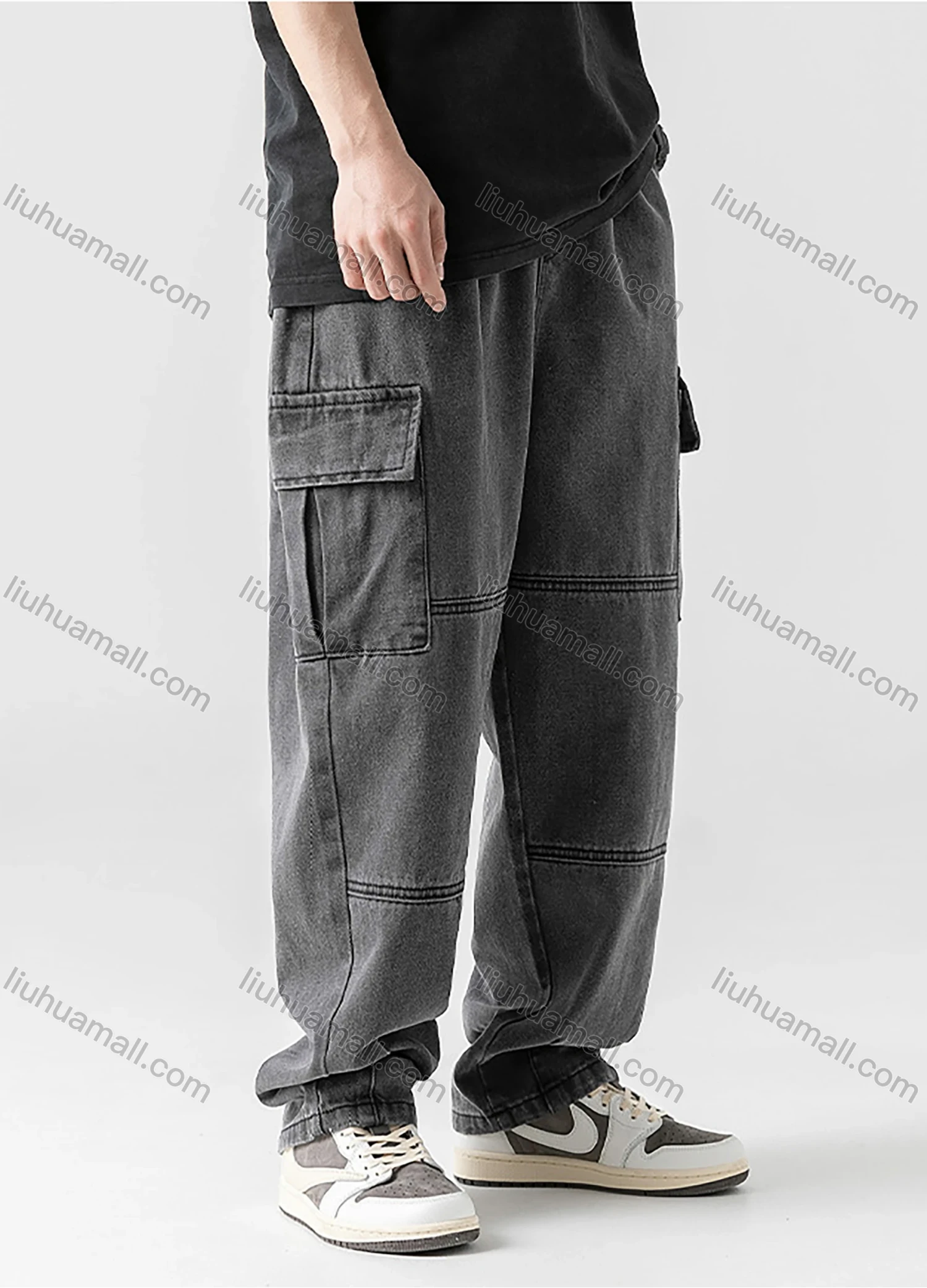 Wholesale Men's Casual Distressed Washed Plain Flap Pockets Elastic Waist Drawstring Cargo Denim Pant - Liuhuamall