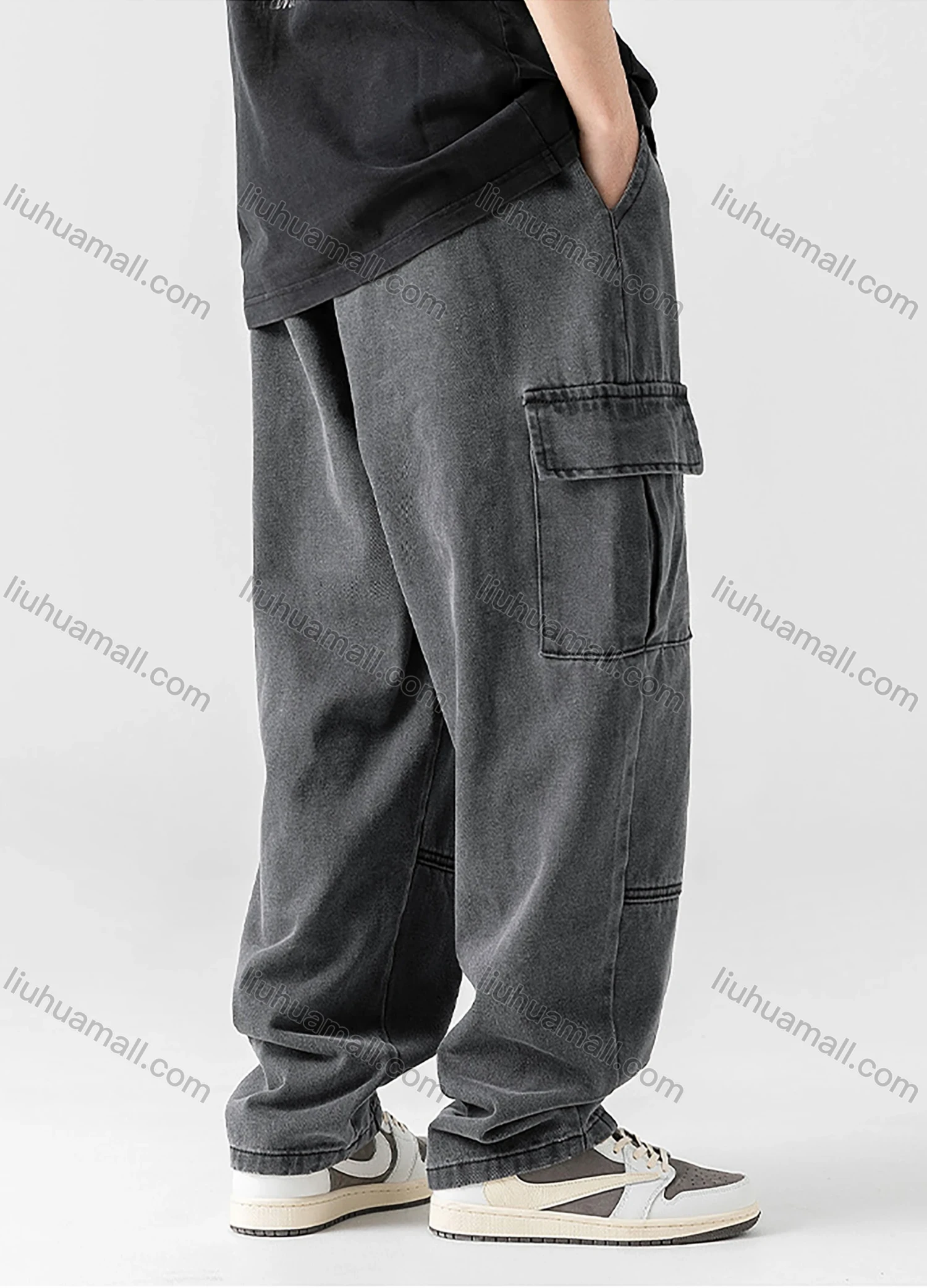 Wholesale Men's Casual Distressed Washed Plain Flap Pockets Elastic Waist Drawstring Cargo Denim Pant - Liuhuamall