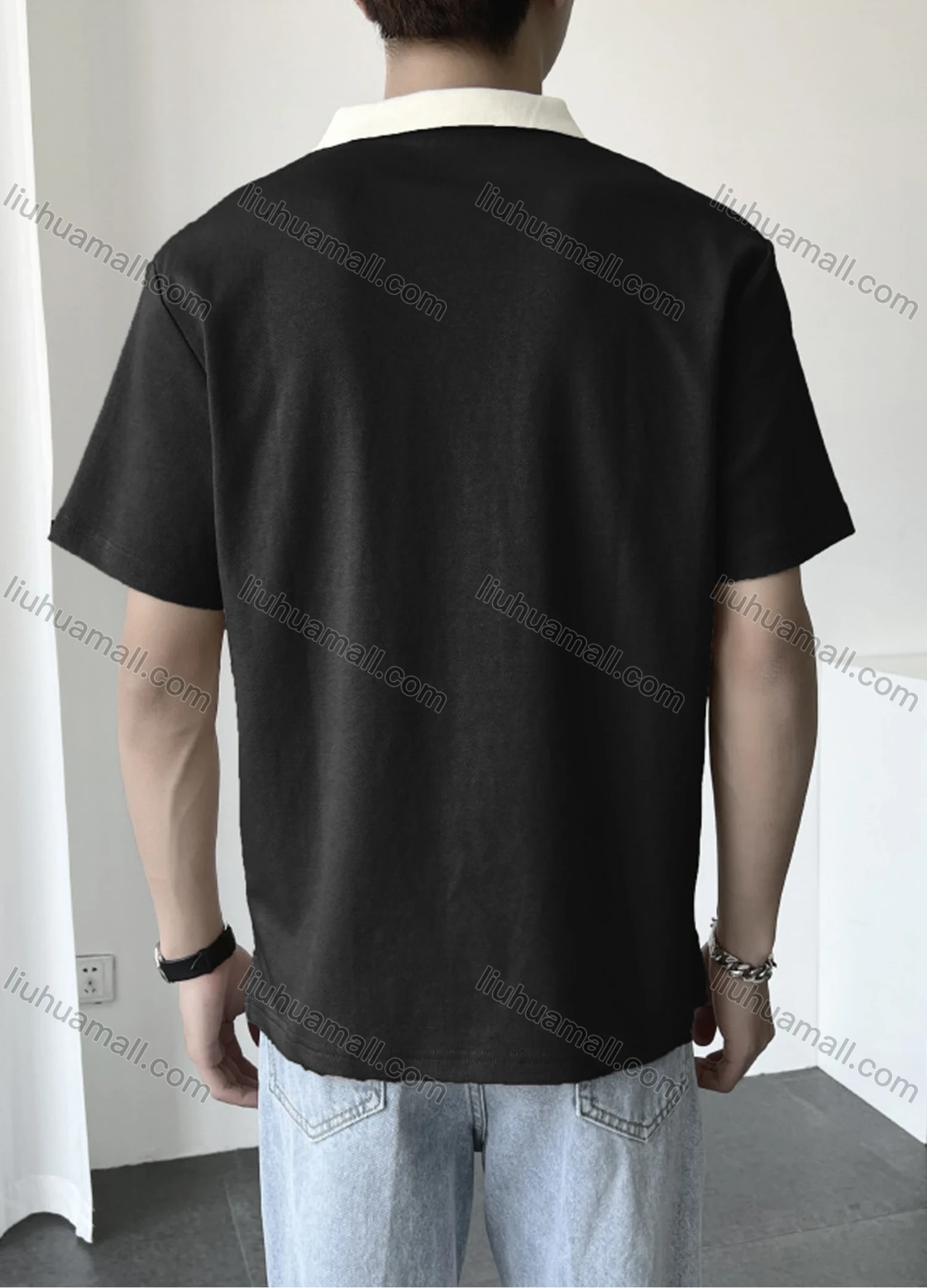 Wholesale Men's Casual Plain Collared Short Sleeve T-Shirt - Liuhuamall