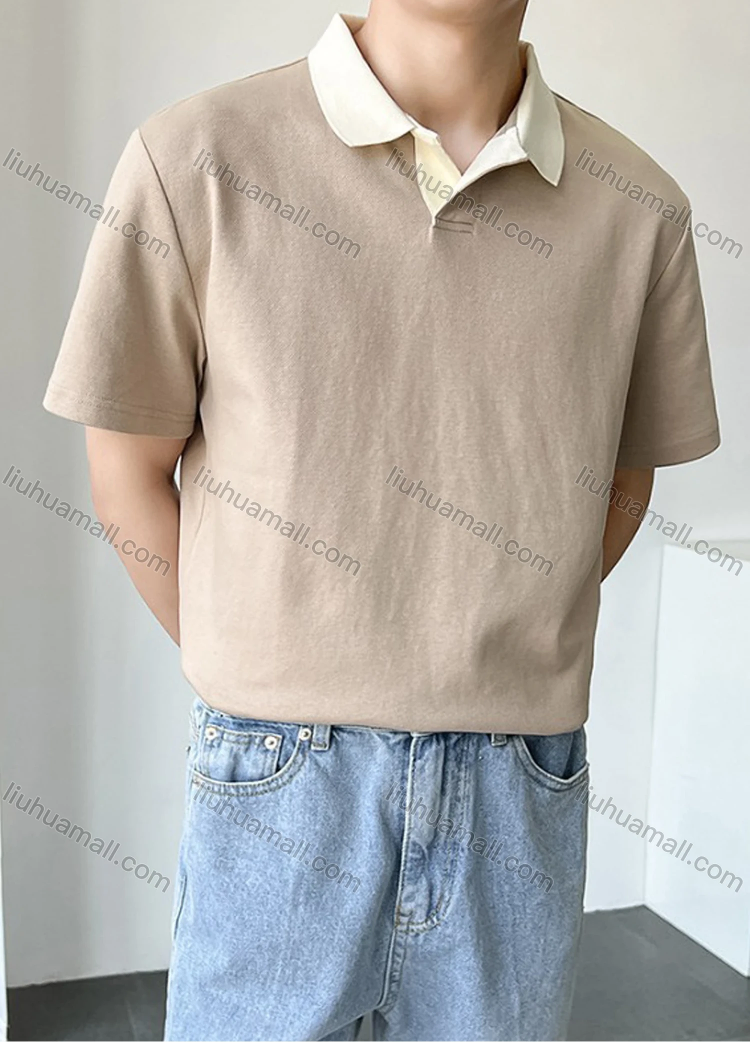 Wholesale Men's Casual Plain Collared Short Sleeve T-Shirt - Liuhuamall