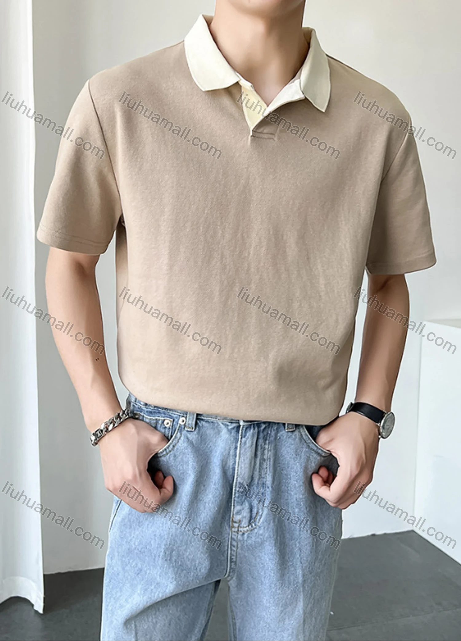 Wholesale Men's Casual Plain Collared Short Sleeve T-Shirt - Liuhuamall