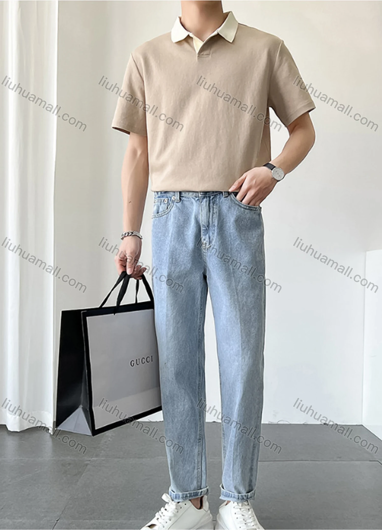 Wholesale Men's Casual Plain Collared Short Sleeve T-Shirt - Liuhuamall