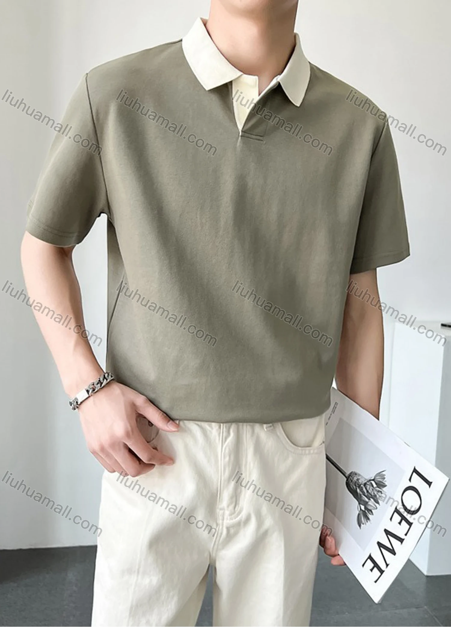 Wholesale Men's Casual Plain Collared Short Sleeve T-Shirt - Liuhuamall