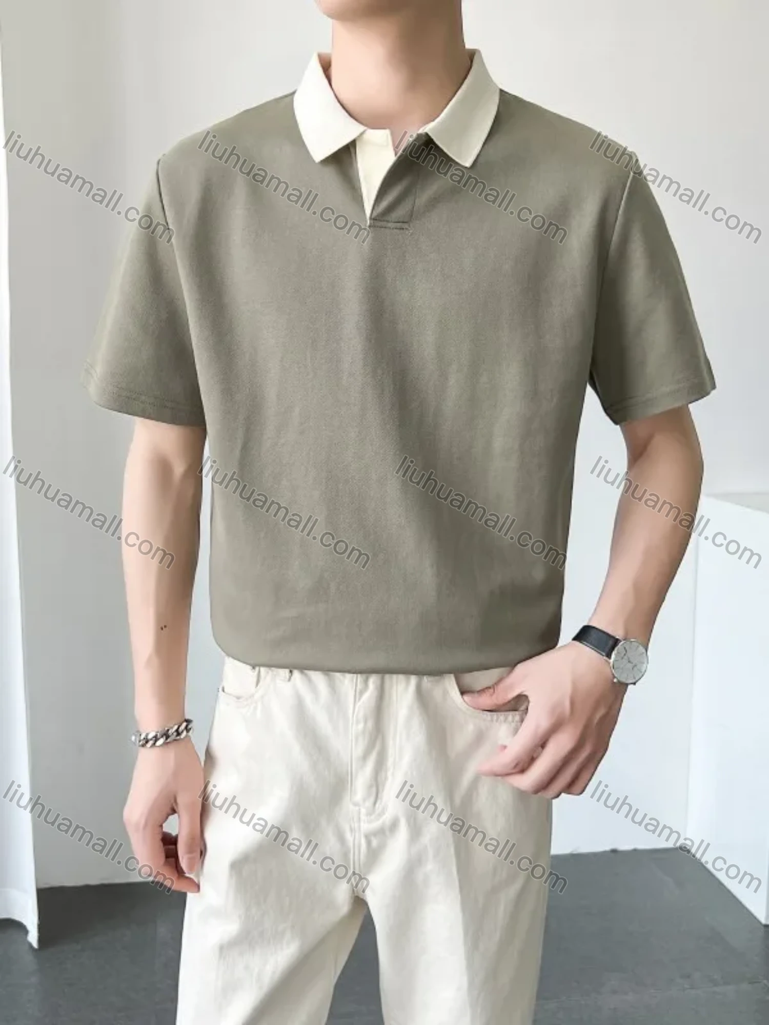 Wholesale Men's Casual Plain Collared Short Sleeve T-Shirt - Liuhuamall